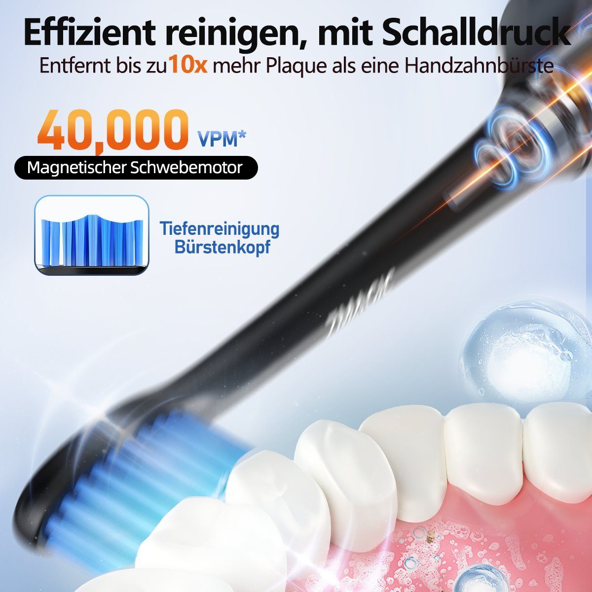 MCURO Schallzahnbürste Elektrische Zahnbürste mit Schalltechnologie 40000VPM UIltraschall, Aufsteckbürsten: 6 St., für Erwachsene und Kinder, 5 Zahnputz-Modi,Pu – Bild 2 von 5