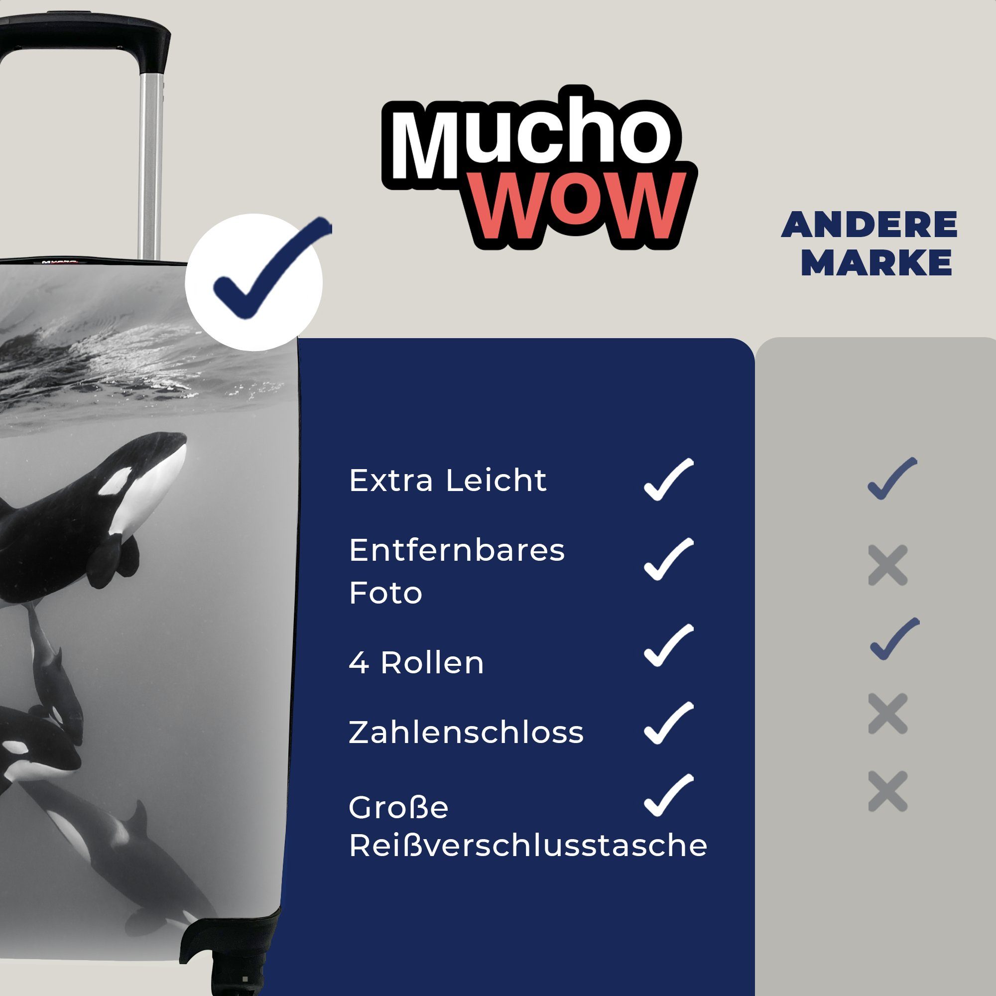 für mit Handgepäckkoffer - Rollen, - Orca Wasser Weiß, Handgepäck Ferien, Trolley, 4 MuchoWow Schwarz Reisetasche Reisekoffer rollen, -