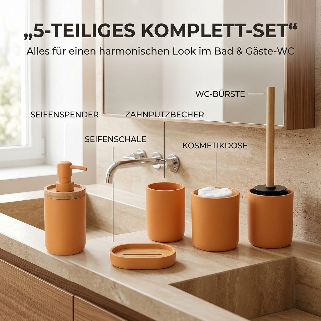 TENDANCE Badaccessoire-Set 5 teilig Zahnputzbecher Seifenspender Seifenschale WC Bürste Wattedose