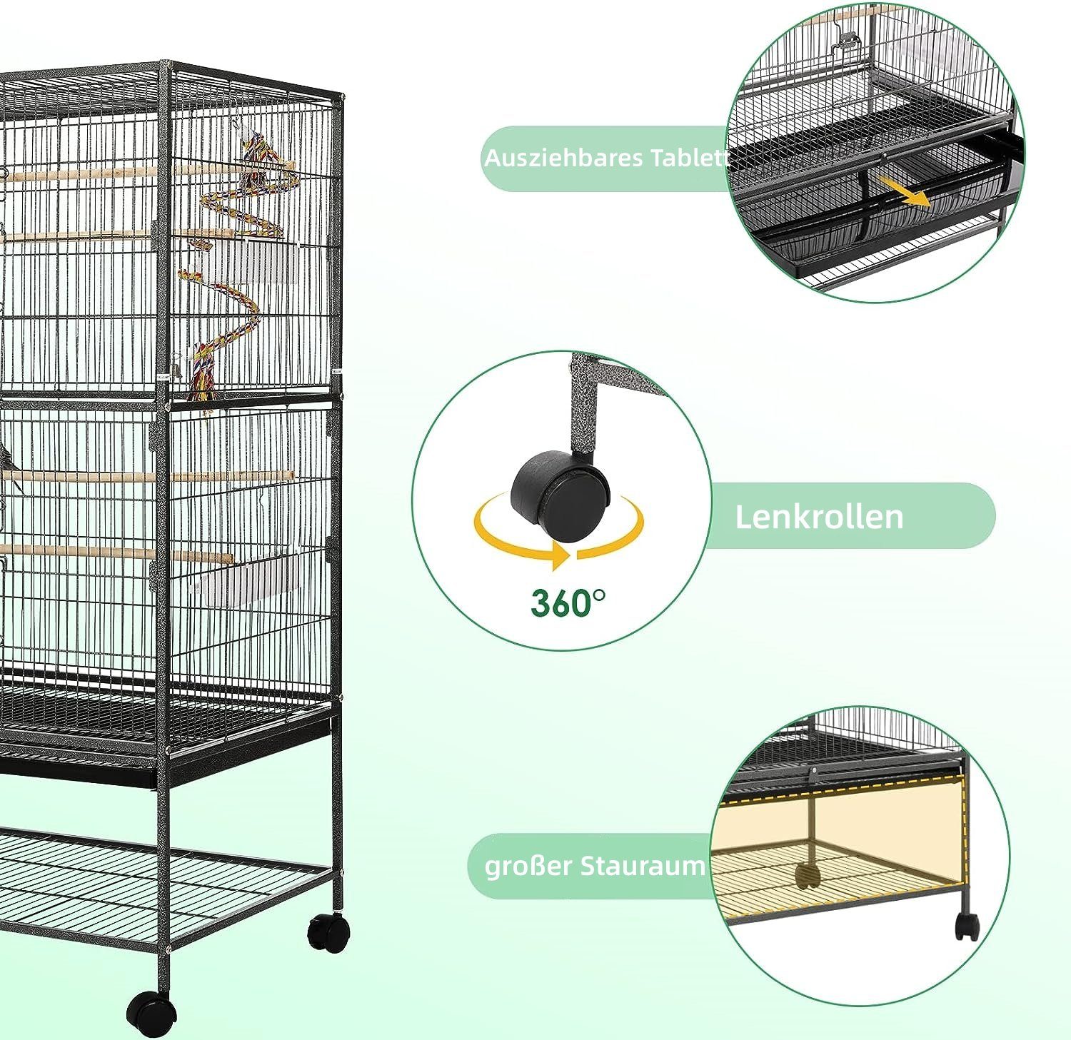 Großer Vogelkäfig 132x78x52 Cm – Metallbauer Mit 4 Rollen, 4 Holzstangen, Futternäpfen & Spielzeug, Für Wellensittiche & Kleine Vögel