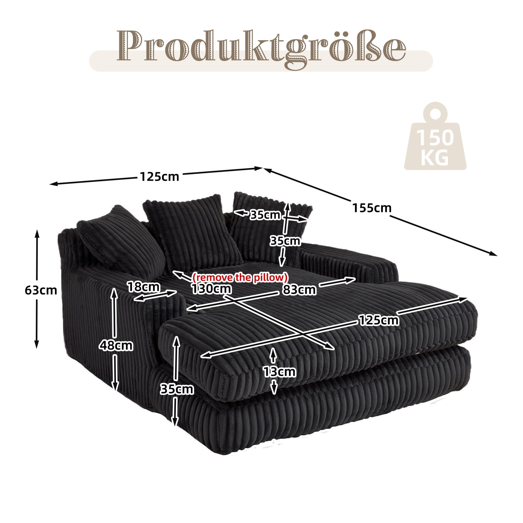 Celya Sofa Cord-Schlafsofa mit 3 Kissen,Bequemes Einzelsitz-Bodensofa,Loung günstig online kaufen