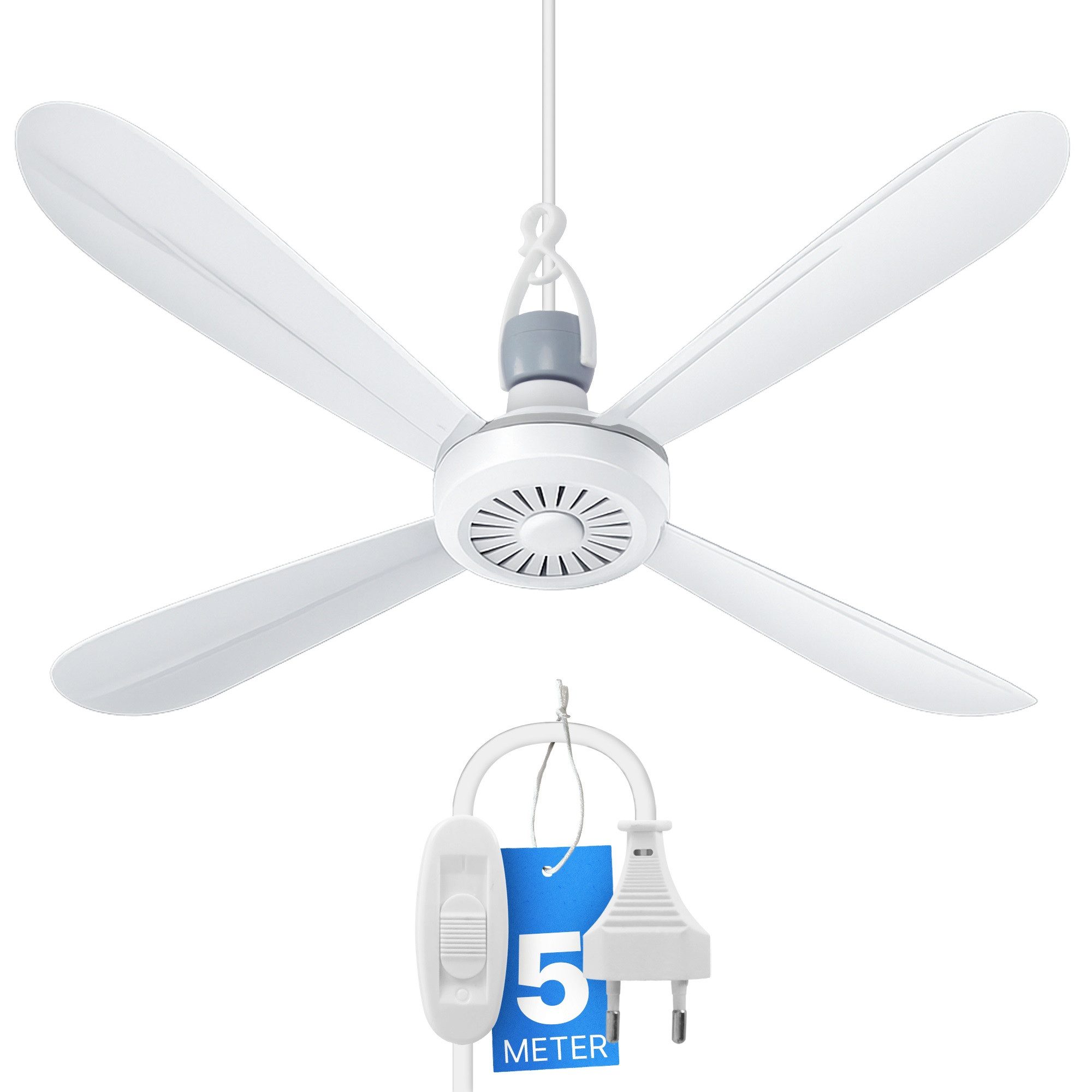 Bestlivings Deckenventilator mobil mit Anschlusskabel und Schalter, mit Aufhängung, Luftzug Umkreis 3m, energie- und platzsparend