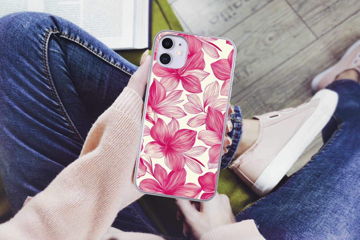MuchoWow Handyhülle für Apple iPhone 11 Blumen - Muster - Rosa - Weiß, Smartphone-Bumper, Print, Handy Schutzhülle Dünn