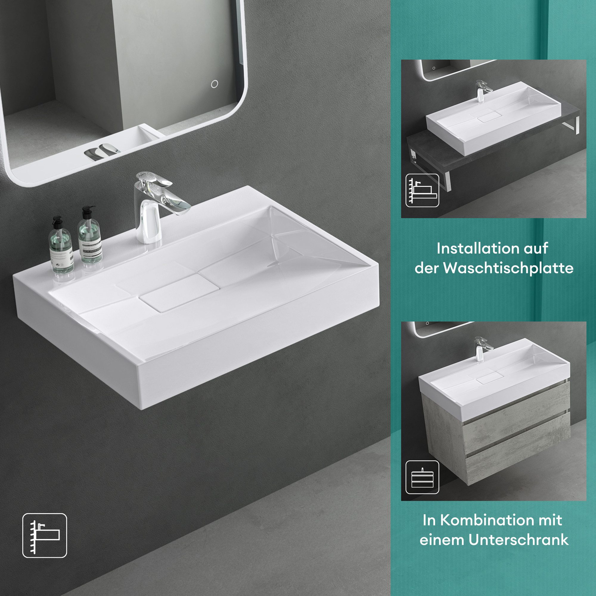 Mai & Mai Waschbecken Einbauwaschbecken Hängewaschbecken aus Mineralguss mit Ablaufgarnitur, verdeckter Ablauf, abnehmbare Ablaufabdeckung – Bild 4 von 5
