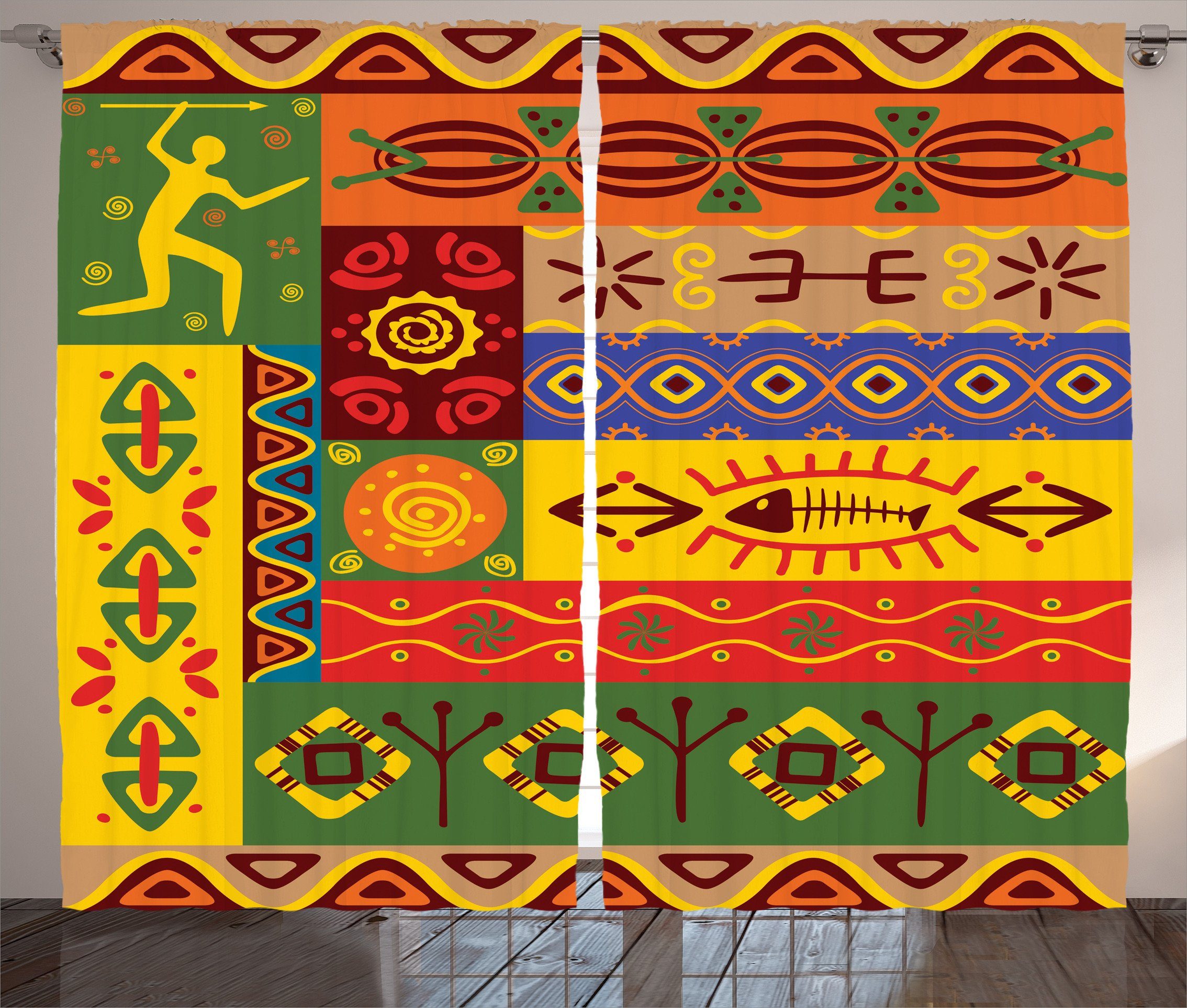 Gardine Schlafzimmer Kräuselband Vorhang mit Schlaufen und Haken, Abakuhaus, afrikanisch West-Folk