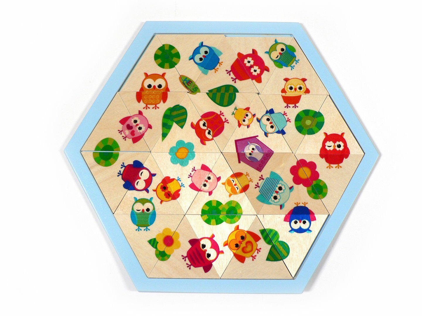 HESS Puzzle Legespiel Mosaiklegespiel Eulen 24T. Holzspielzeug Holzspiel Puzzle, 24 Puzzleteile, 24 bunt bedruckte Dreiecke