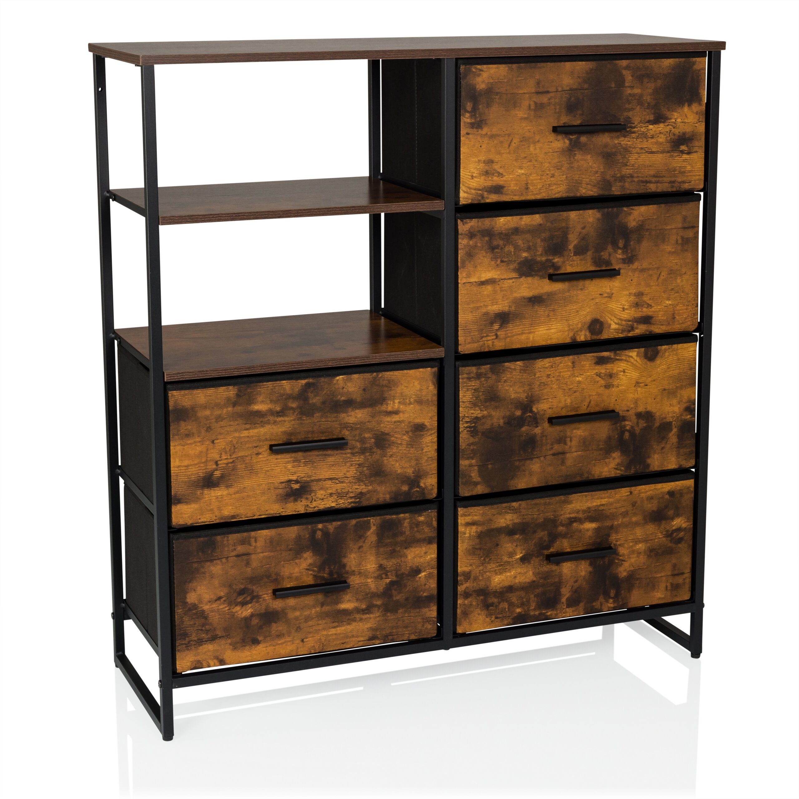 hjh LIVING Kommode RAGALA Sideboard H/B/T: 92.0 x 84.0 x 30.0 cm, Highboard Regal mit 6 Schubladen, 2 offene Fächer, Metall-Gestell