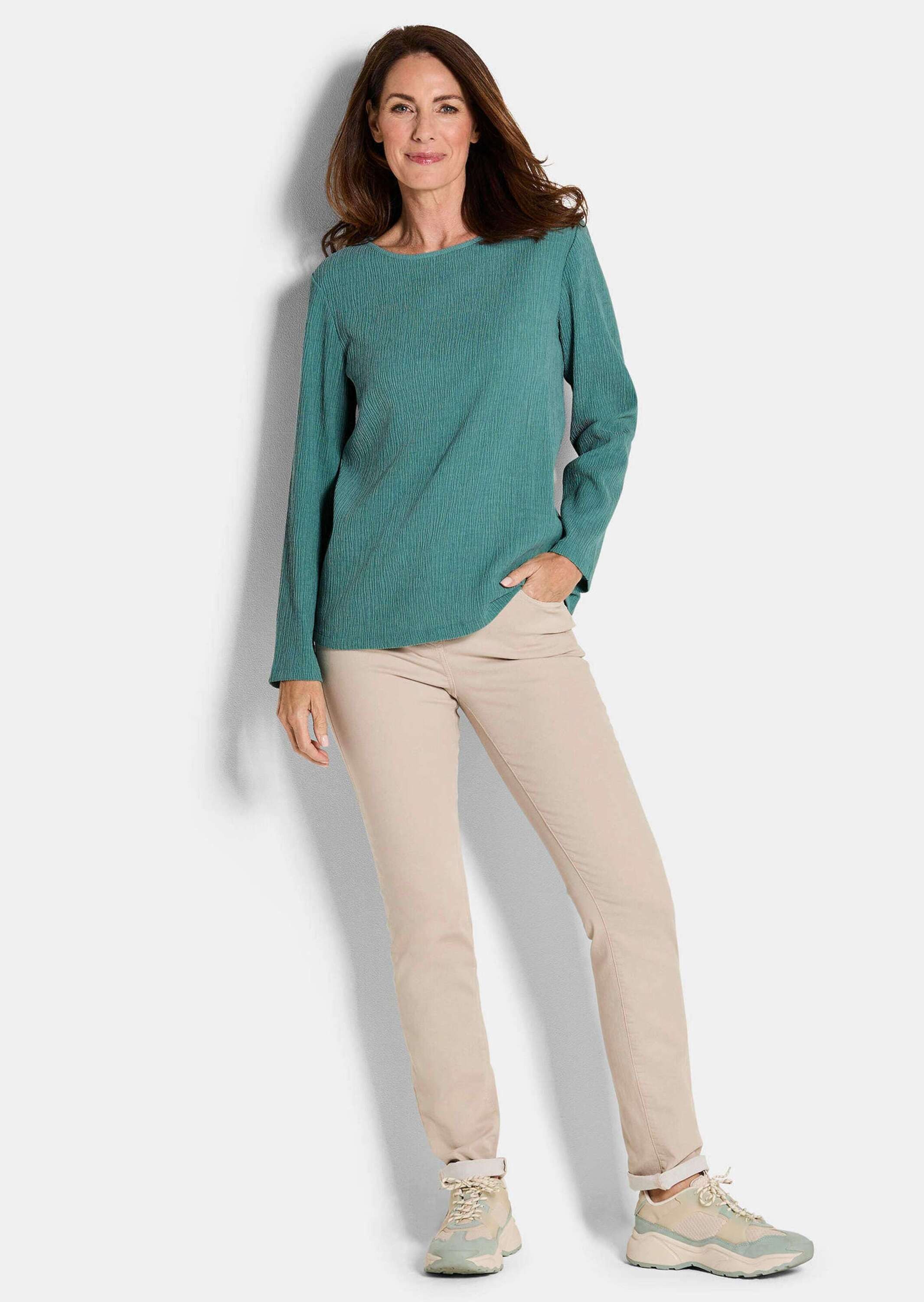 GOLDNER Langarmshirt Langarm Melange Jersey-Oberteil Hüftumspielendes Shirt in Krepp-Optik mit U-Boot-Ausschnitt, Langarm