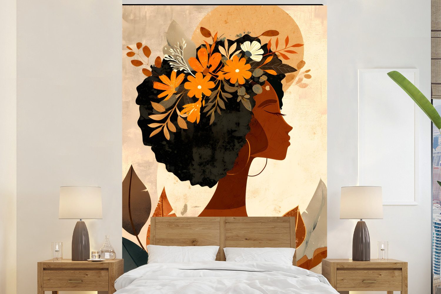 MuchoWow Fototapete Frau - Locken - Blumen - Beige, Matt, bedruckt, Montagefertig Vinyl Tapete, Wandtapete, 170x260 cm