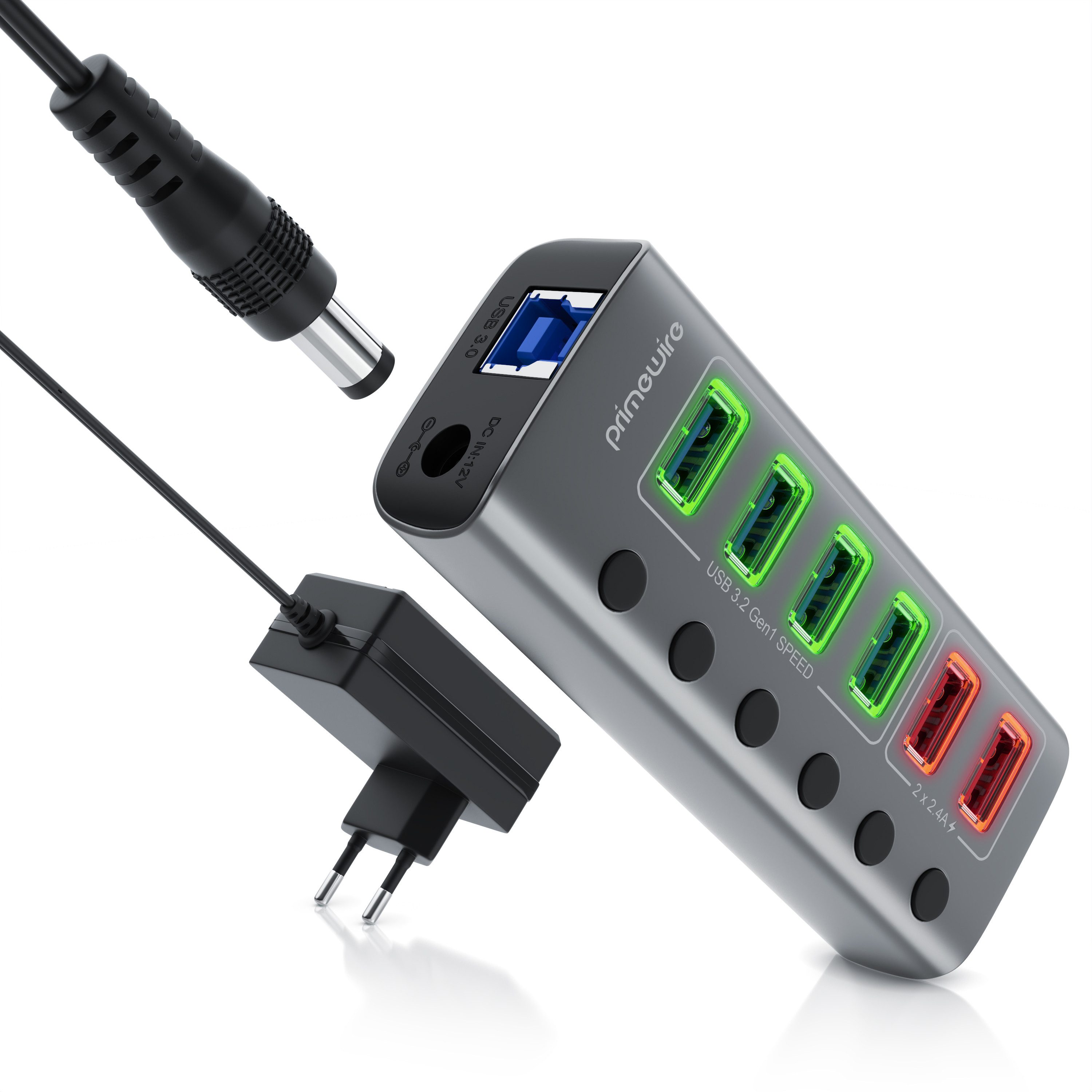 Primewire USB 3.2 Hub 6-Port aktiv mit Netzteil USB-Adapter USB-A zu USB-A, 120 cm, USB 3.2 Gen1 Hub, 6 Port Verteiler aktiv mit Netzteil, 5 Gbit/s