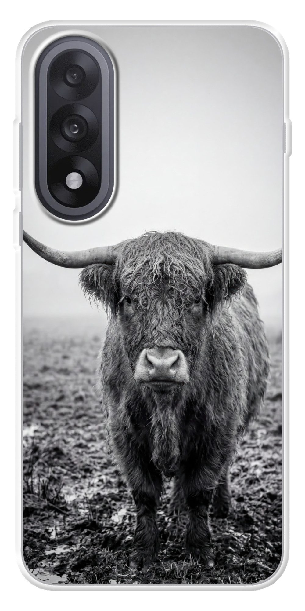 MuchoWow Handyhülle für OnePlus Nord 5 Schottischer Highlander - Schwarz - Weiß - Gras, Handy Case, Silikon, Bumper Case Dünn