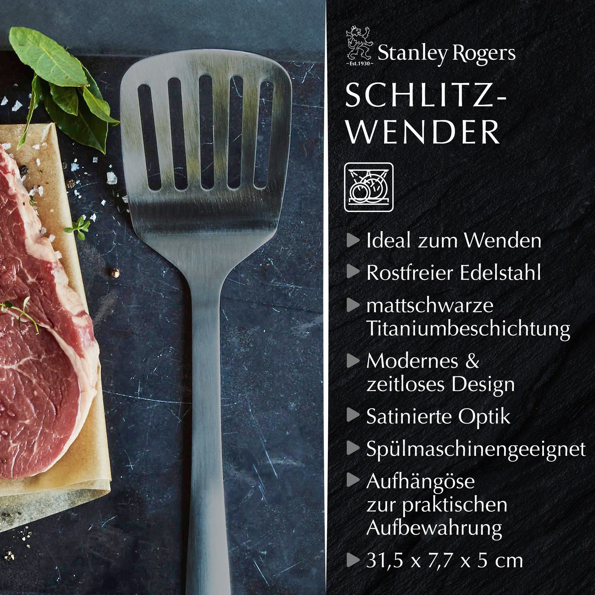 Stanley Rogers Pfannenwender Schlitzwender, Küchenhelfer, Mattschwarz, Edelstahl