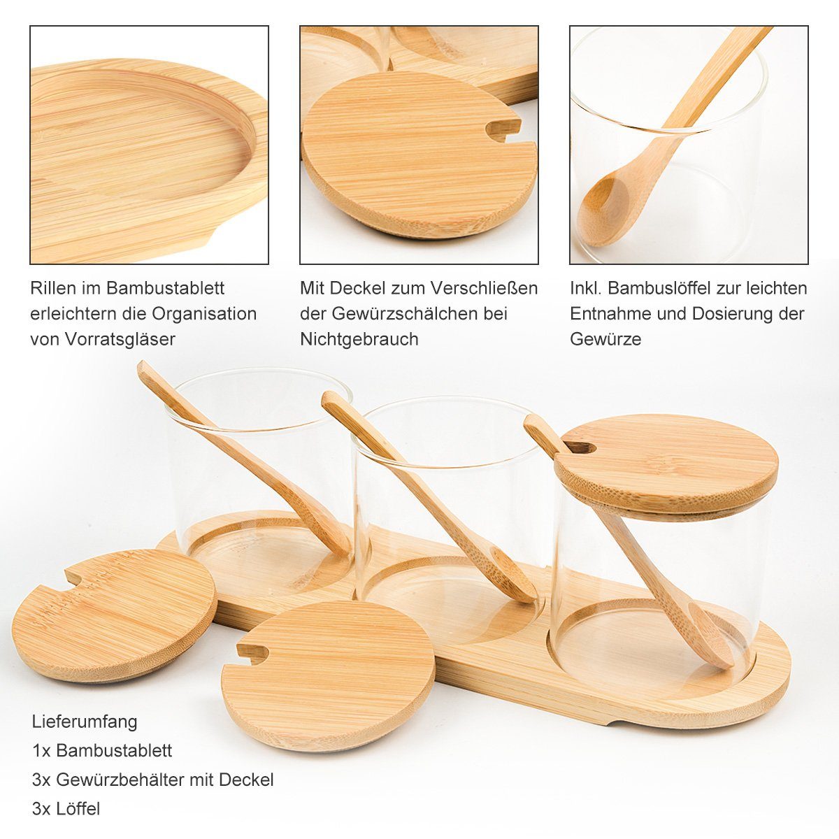 mit 7Magic 250ml/300ml Holzlöffel Vorratsdosen, Set Gewürzbehälter und Bambusdeckel 3er Vorratsglas, Vorratsgläser