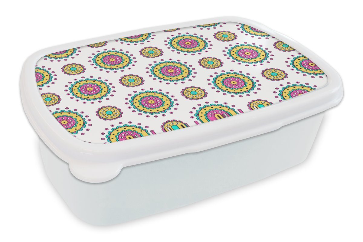 MuchoWow Lunchbox Mädchen - Blumen - Mandala - Muster - Mädchen - Kinder - Kinder, Kunststoff, (2-tlg), Brotbox für Kinder und Erwachsene, Brotdose, für Jungs und Mädchen weiß