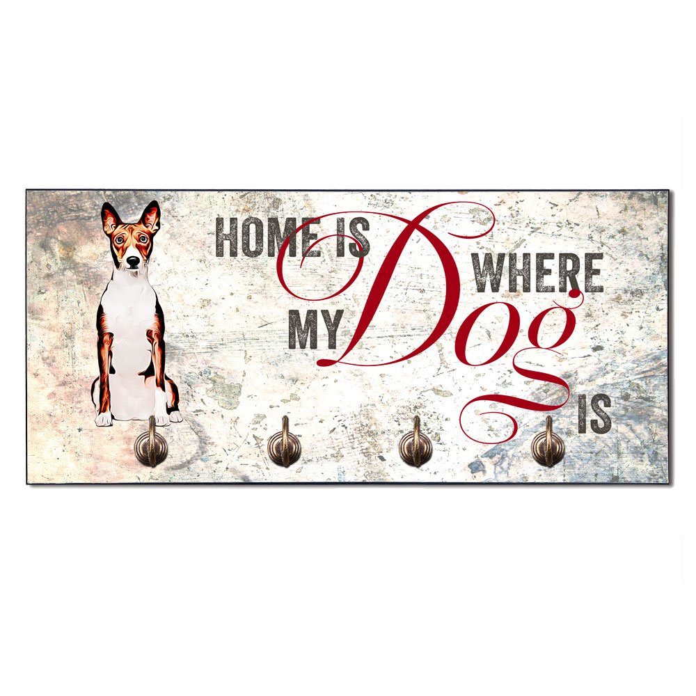 Cadouri Wandgarderobe BASENJI Hundegarderobe - Wandboard für Hundezubehör (Garderobe mit 4 Haken), MDF, mit abgeschrägten Ecken, handgefertigt, für Hundebesitzer