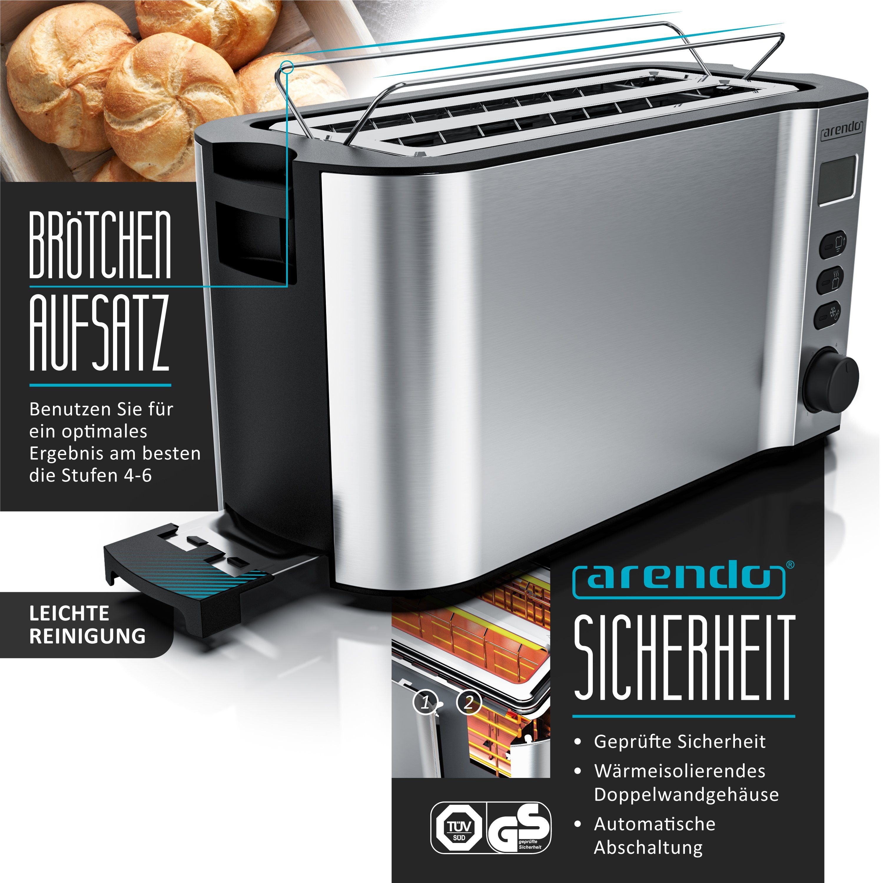 Arendo Frühstücks-Set Wasserkocher 1,5l, 4-Scheiben Toaster, 7er Eierkocher, Silber (3-tlg), Edelstahl, BPA-frei, GS-geprüfte Sicherheit, fürs Familienfrühstück – Bild 4 von 5