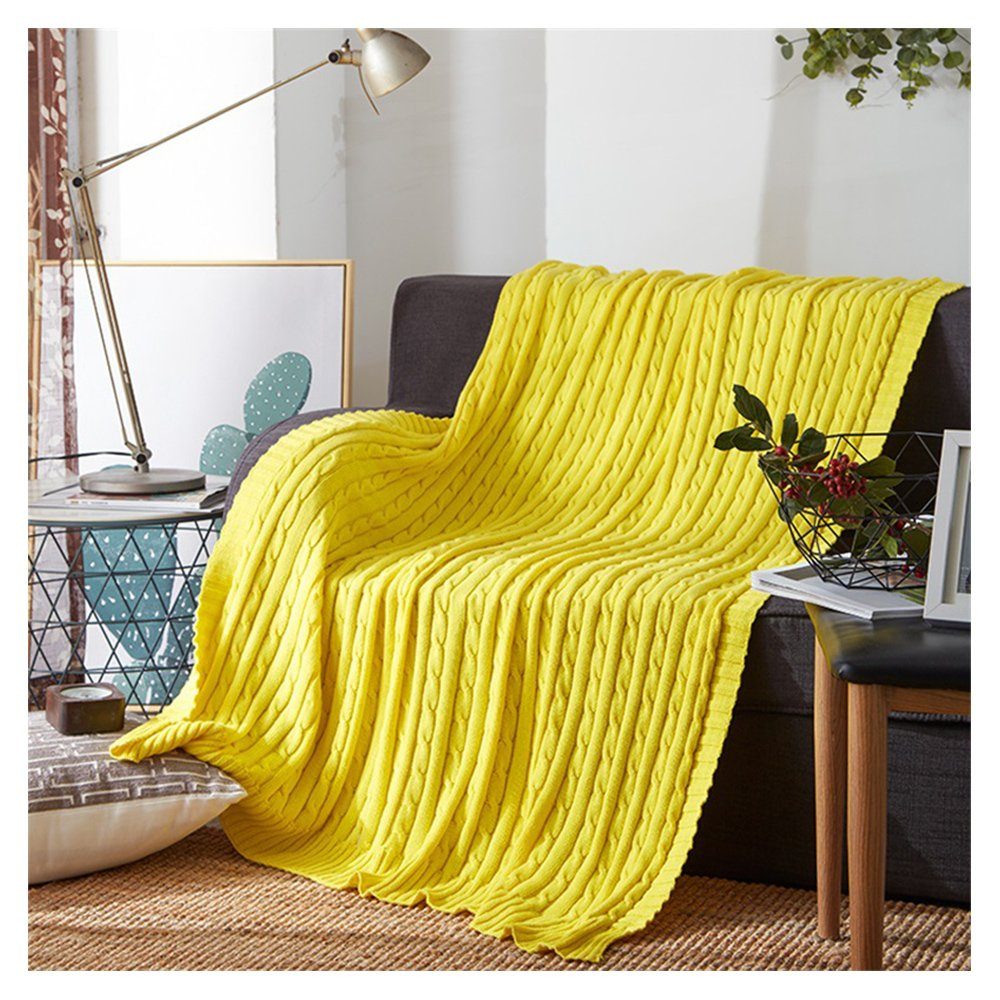 Wolldecke, gestrickte gelb Baumwollgewebe Schlafdecke, zggzerg, Weiche Einschlagdecke Sofadecke,