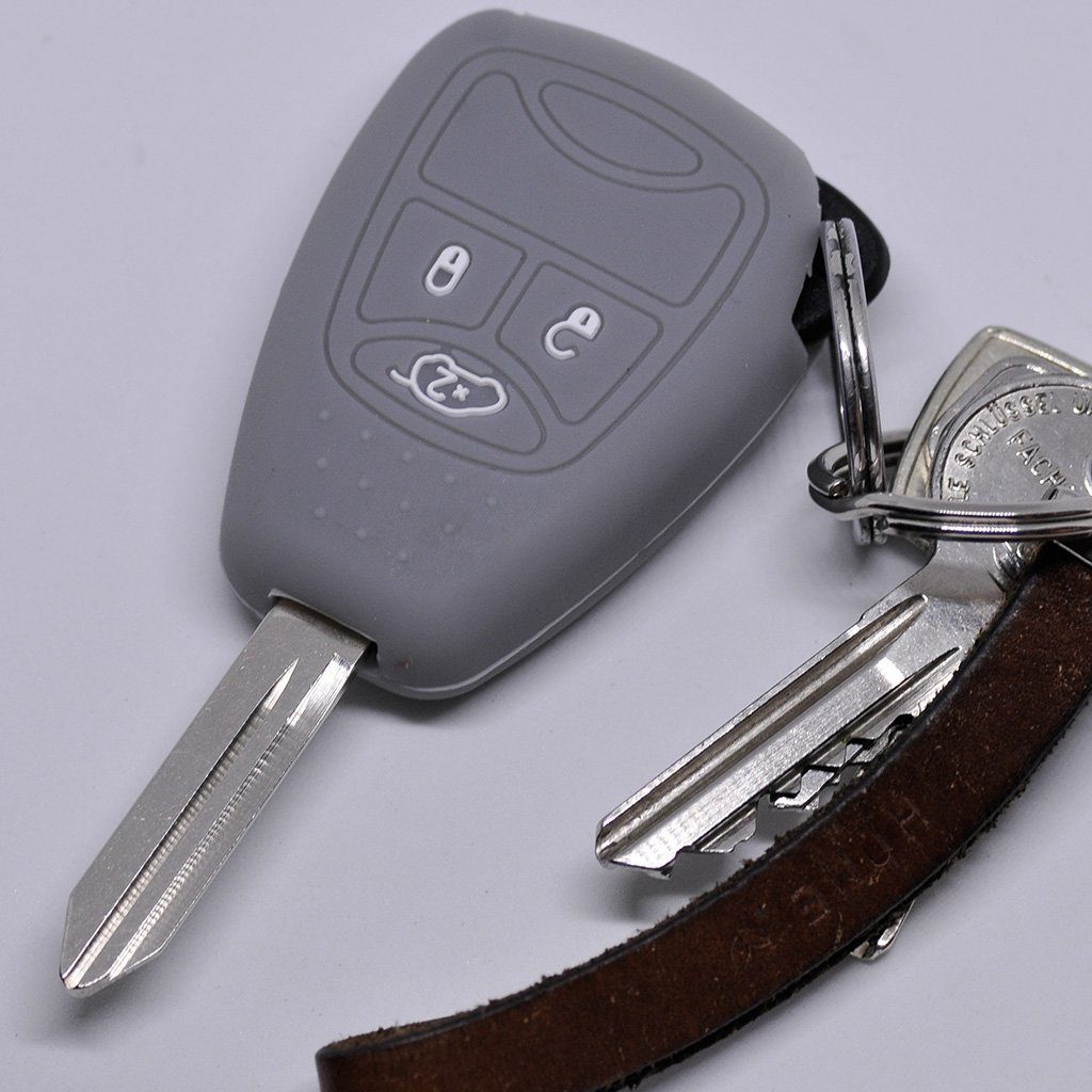 mt-key Schlüsseltasche Autoschlüssel Softcase Silikon Schutzhülle Grau, für Chrysler 300C Voyager Dodge RAM Jeep Commander Grand Cherokee