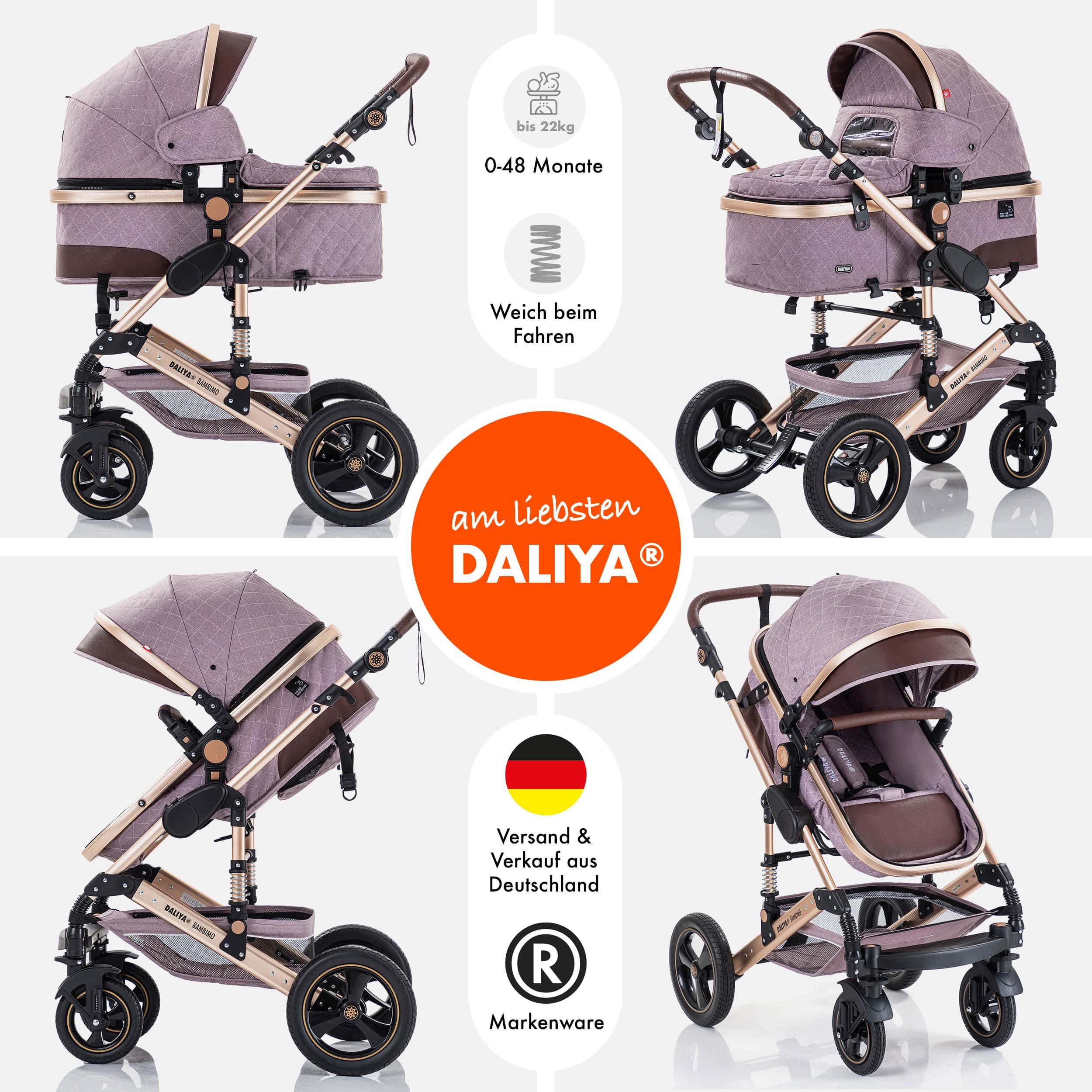 Daliya® Kombi-Kinderwagen BAMBIMO 2in1 Kinderwagen & Buggy, Babywanne und Sportsitz, Alu-Rahmen, (Grundausstattung für Babys, 9-tlg), Großer Einkaufskorb, Federung, weiche Matratze, Belüftungssystem