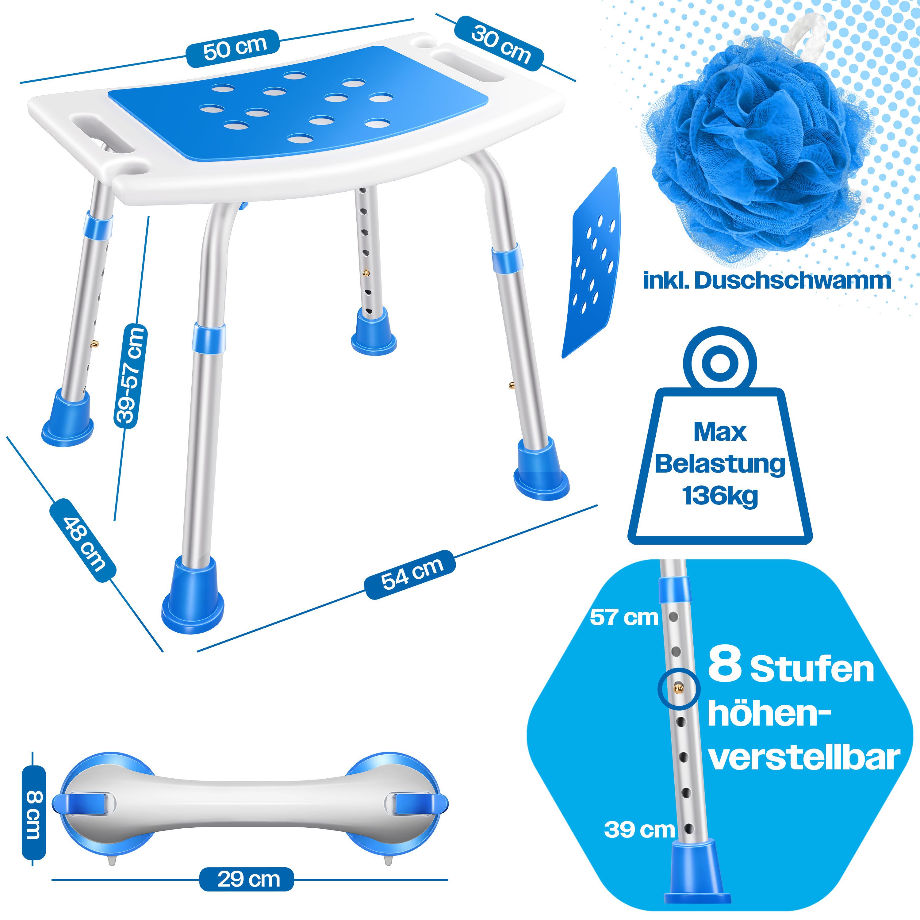KESSER Badhocker Duschhocker höhenverstellbar & bis 136kg belastbar, Duschhilfe für Senioren, rutschfester Duschstuhl mit Zubehör – Bild 4 von 5