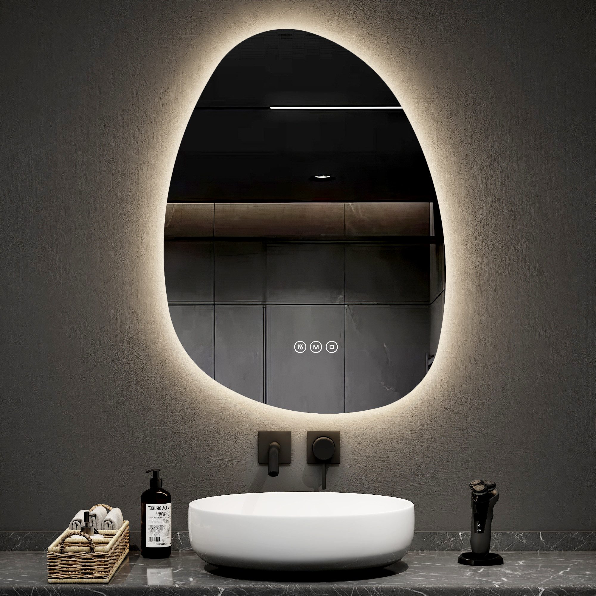 EMKE Badspiegel Asymmetrischer Badezimmerspiegel mit LED-Beleuchtung und 3 Lichtfarben (Kieselsteinform), Memory-Funktion, einstellbare Helligkeit Antibeschlag IP44, 55 x 90 cm