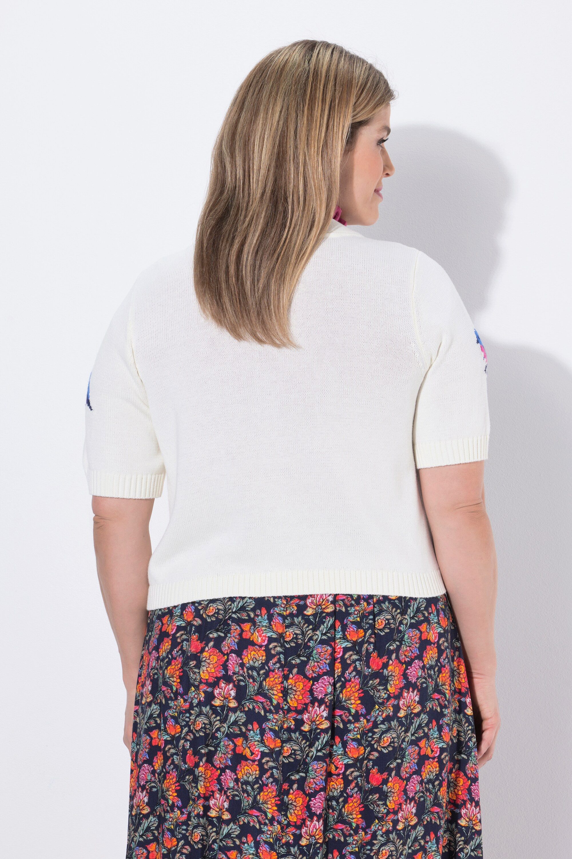 Ulla Popken Strickjacke Strickjacke Vögel V-Ausschnitt Halbarm