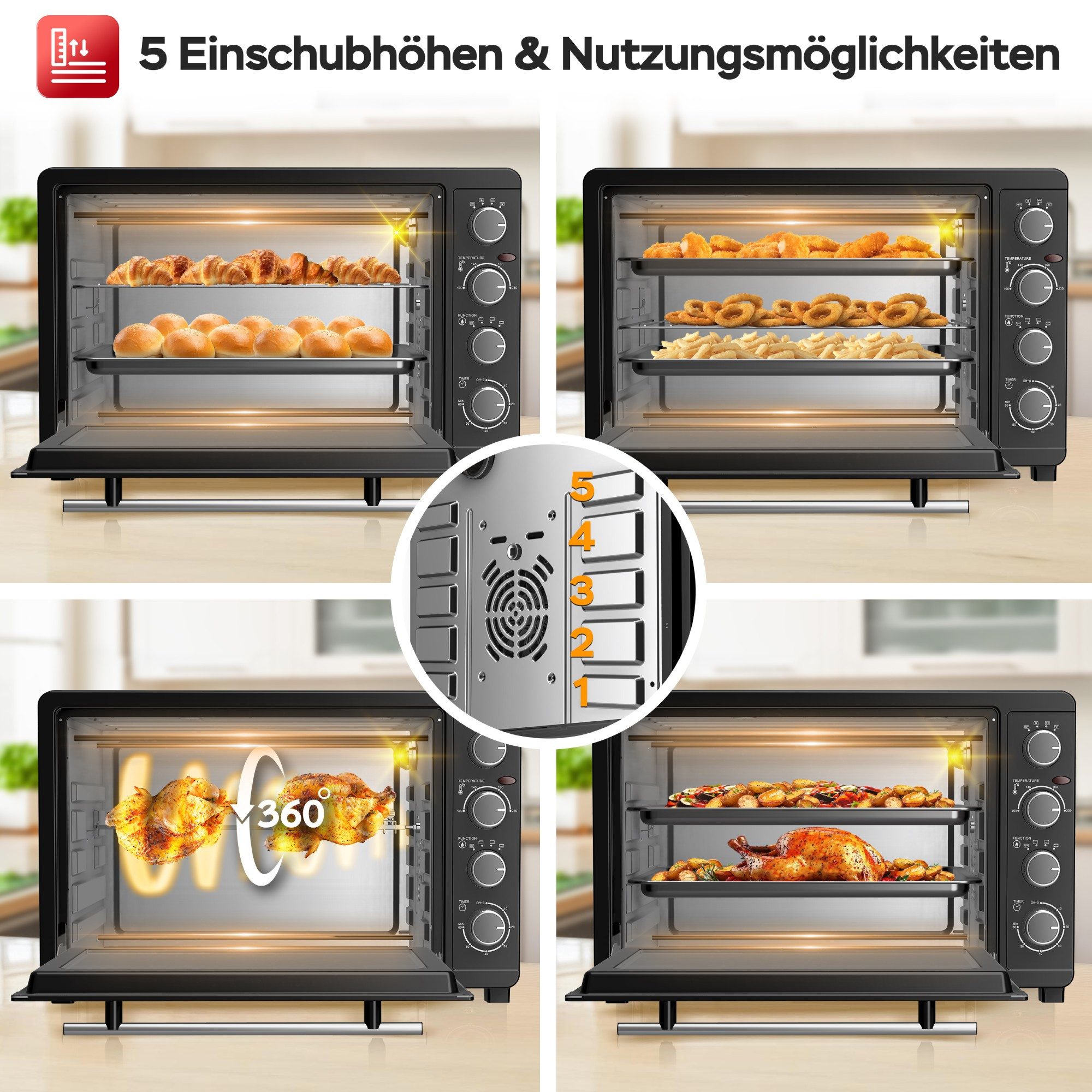 TurboTronic by Z-Line Minibackofen 45 Liter inkl. Drehspieß, Grillrost & 2x Backblech 2000W Elektroofen, Pizzaofen 80-230°C Tischbackofen, Camping, Grillofen, XXL Zubehör