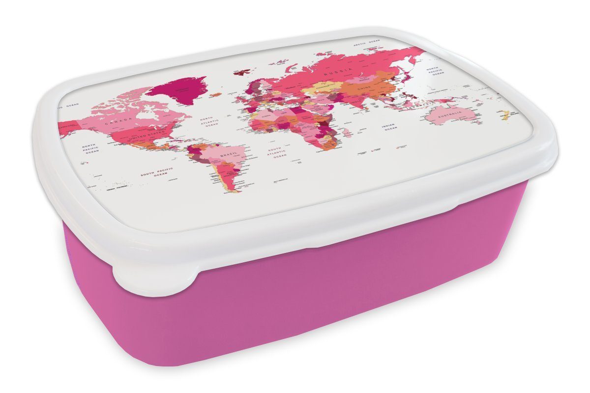 MuchoWow Lunchbox Weltkarte - Topographie - Rosa, Kunststoff, (2-tlg), Brotbox für Erwachsene, Brotdose Kinder, Snackbox, Mädchen, Kunststoff