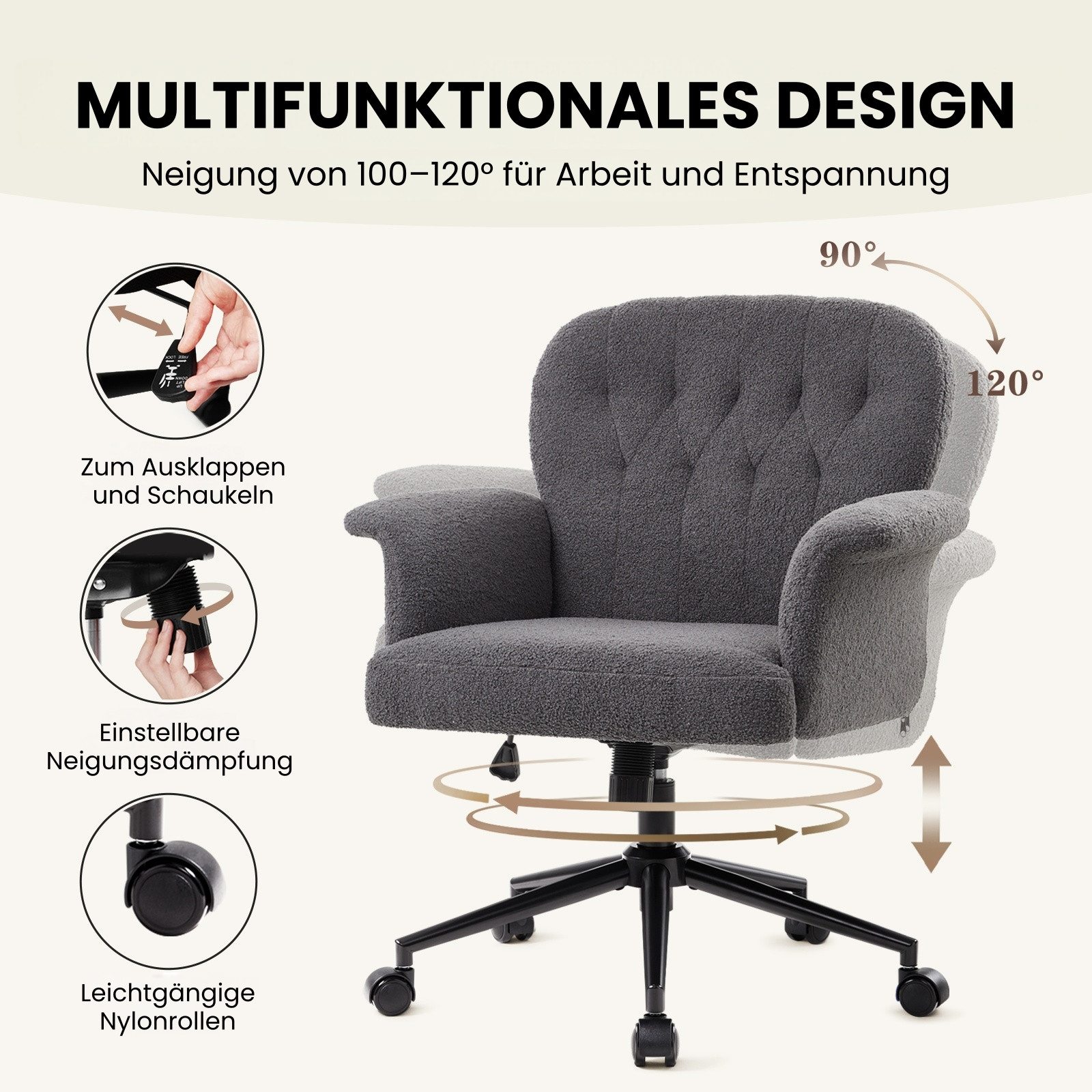 IWMH Bürostuhl Höhenverstellbar Drehstuhl (Teddystoff Schreibtischstuhl), Stuhl für Schminktisch, Schlafzimmer, Homeoffice