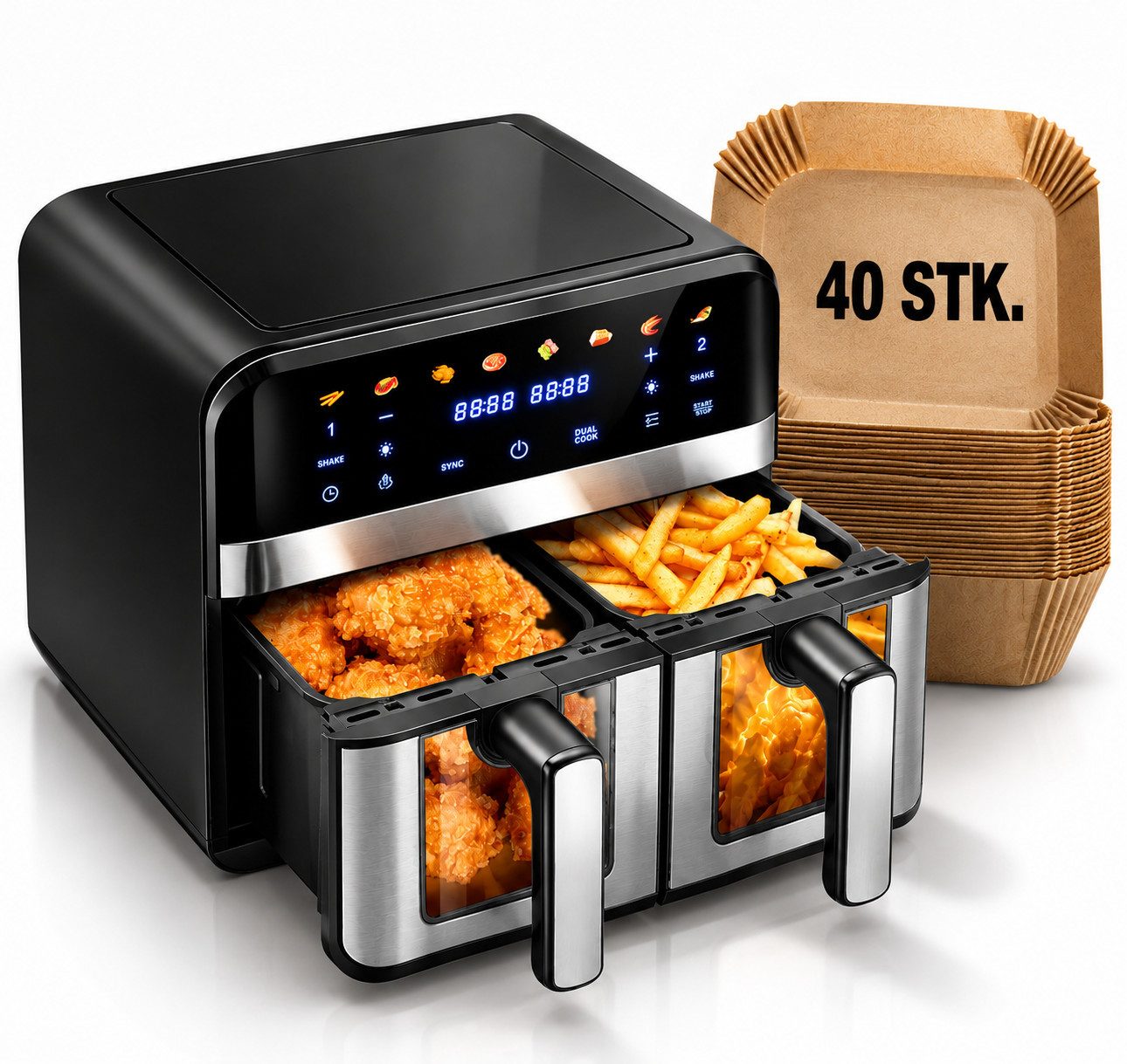 oyajia Heißluftfritteuse 10 L mit 2 Kammern, Sichtfenster, 2600 W, 8 Programmen, Touchscreen, Dual Cook & Sync Finish, inklusive 40 Blatt Backpapier, 2600,00 W, 80–200 °C, 0–60 Min. Timer, herausnehmbare Körbe, Spülmaschinenfest