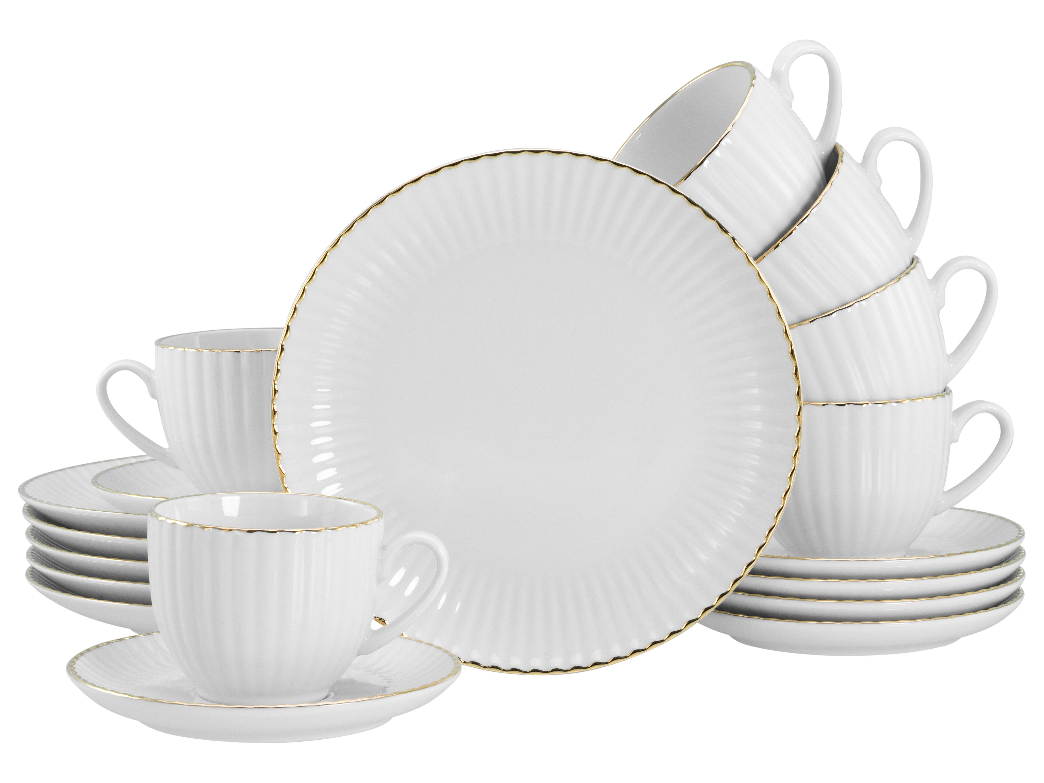 CreaTable Kaffeeservice Allegra Goldband, Service 18-tlg. (18-tlg), 6 Personen, Porzellan, Klassisch, Elegant, Von Hand gemalter Goldrand