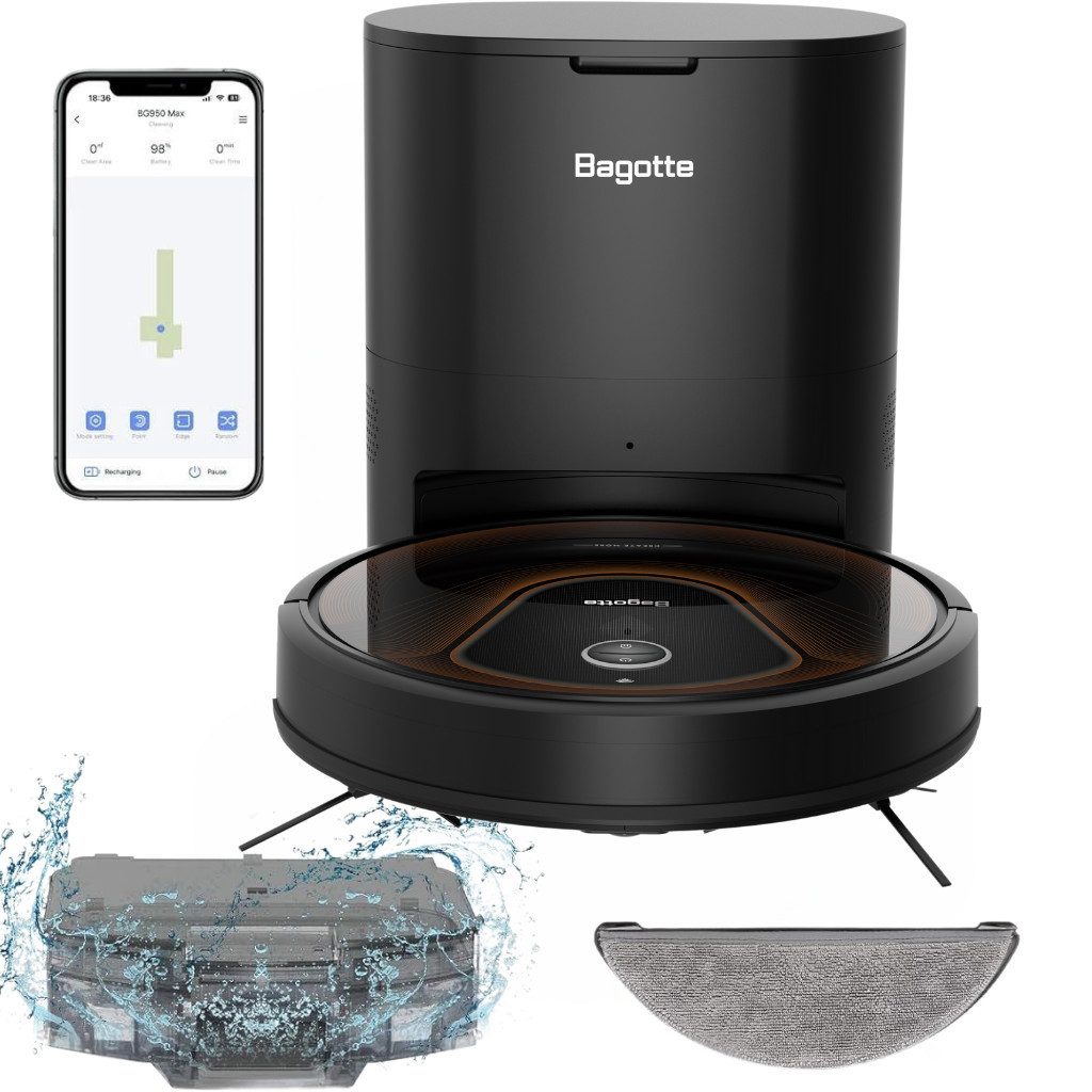 Bagotte Влажно-сухой вакуумный робот BG950MAX, 30 W, mit Selbstentleerung, 3500 Pa, 150 Min Laufzeit, 4-in-1 Reinigen & Wischen, App Steuerung