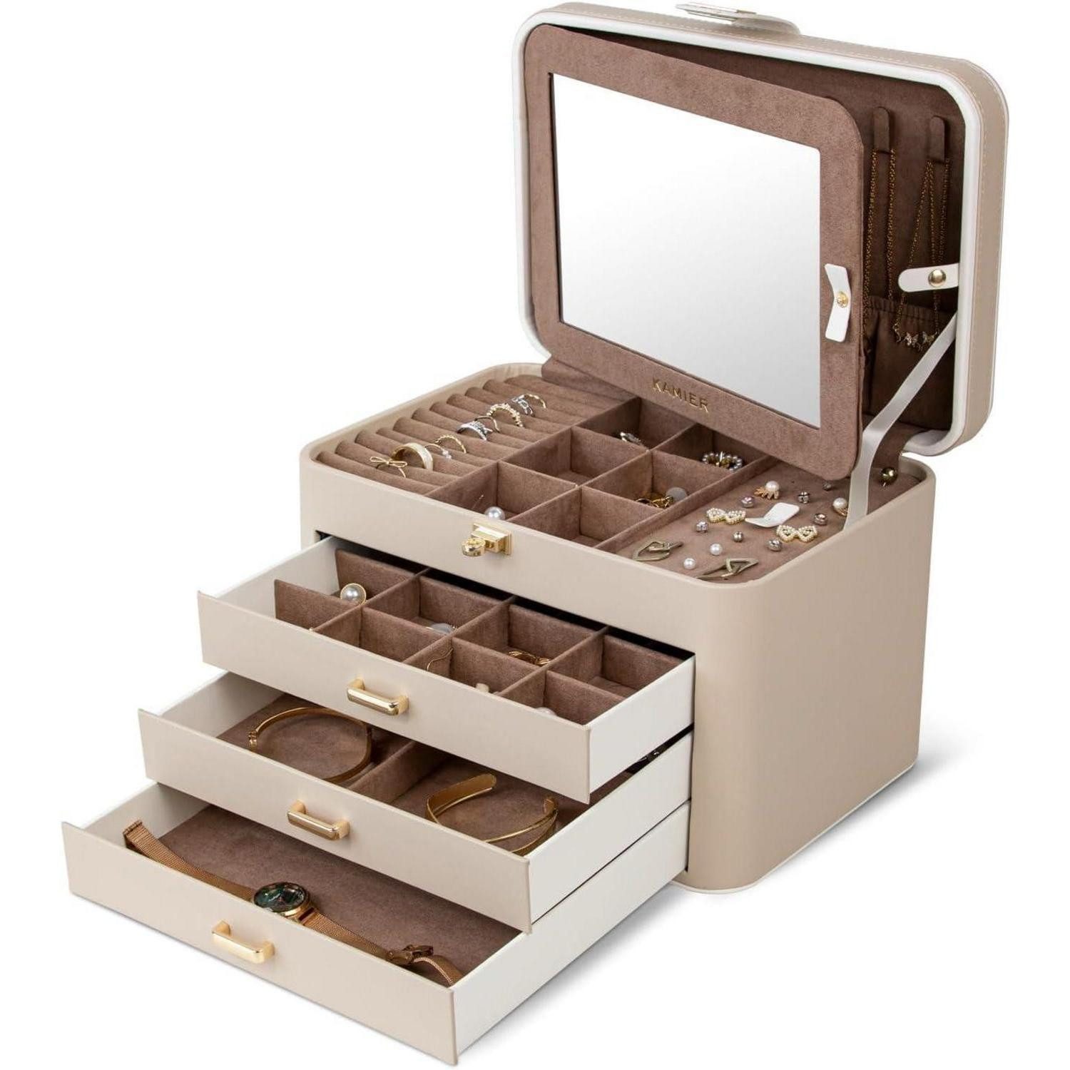 LuxusKollektion Schmuckkasten Schmuckkästchen 4 Ebenen Beige mit Spiegel & Schloss