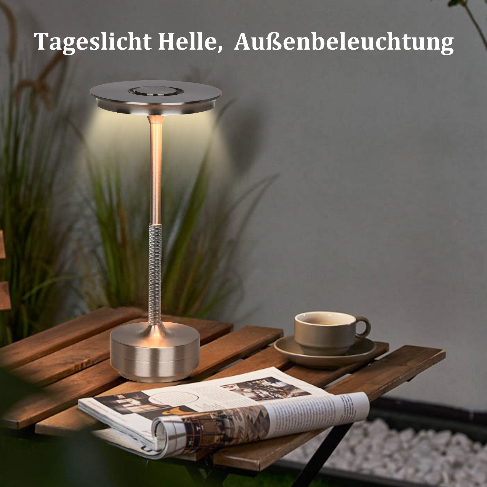 LMaxhome USB-Tischleuchte LED Wiederaufladbare Kabellose Akku Tischlampe mit Touch-Schalter IP54 (1-St., Intelligente LED-Leuchte mit Speicherfunktion), Wasserdichtes Aluminium Moderne Nachttischlampe für Schlafzimmer Außen