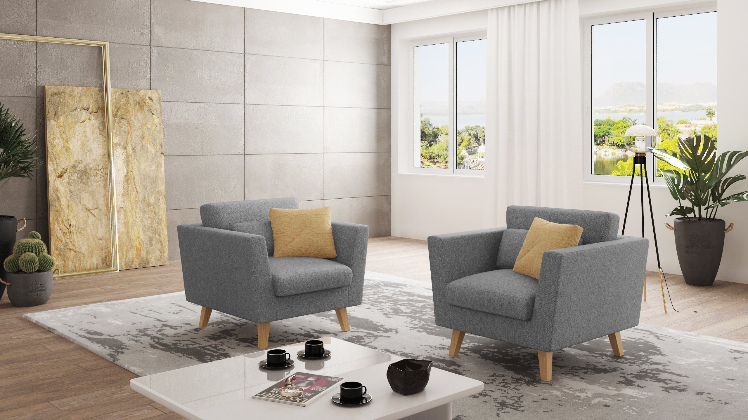 S-Style Möbel Sessel Angeles Wellenfederung skandinavischen mit Grau im Design