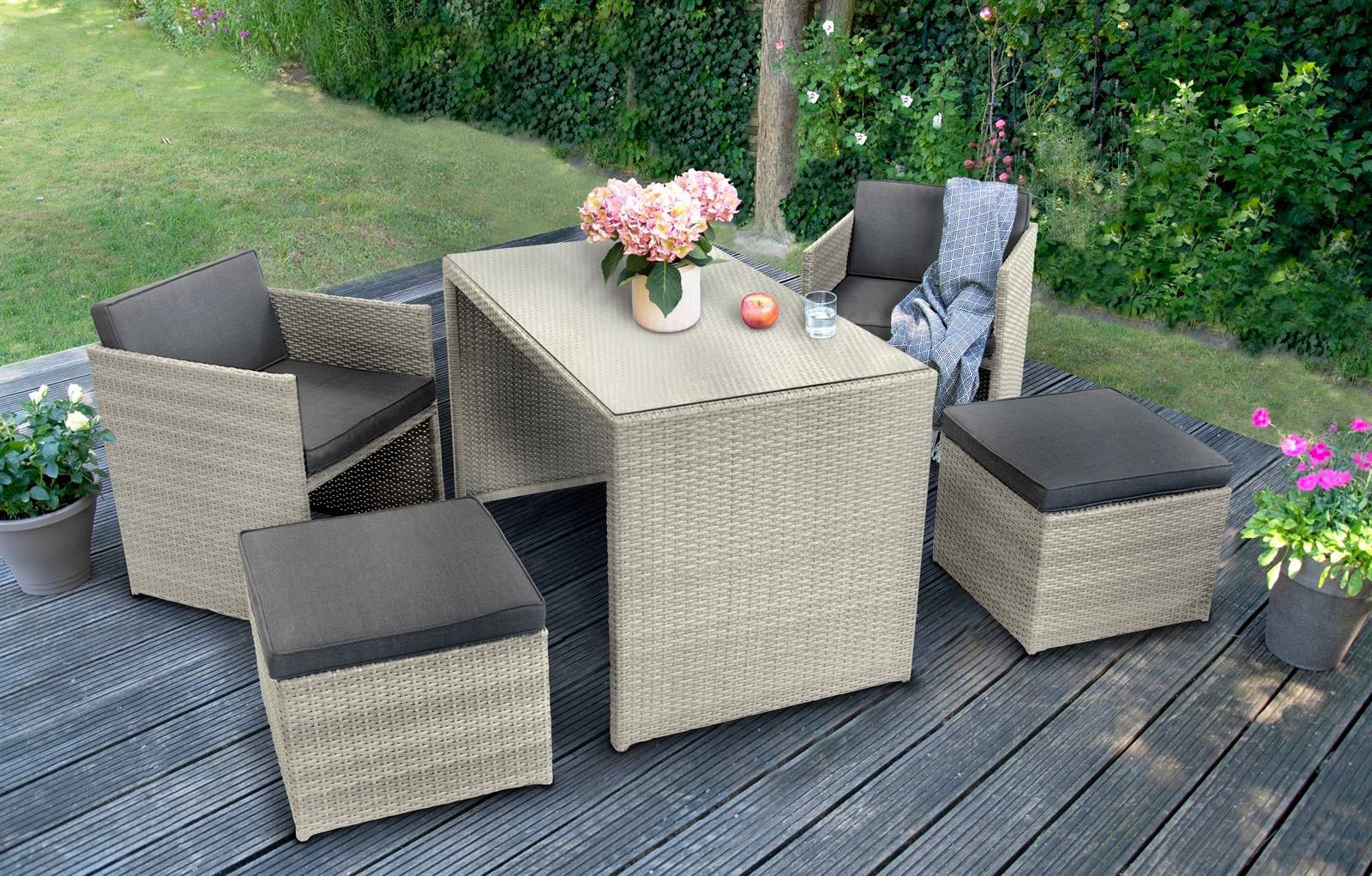 Villa Hauswerk Sitzgruppe »Almeria - Grau, Polyrattan Gartenmöbel-Set«,  (platzsparend, Gartentisch mit 2 Sesseln und 2 Hockern), praktisches  Cube-Design online kaufen | OTTO