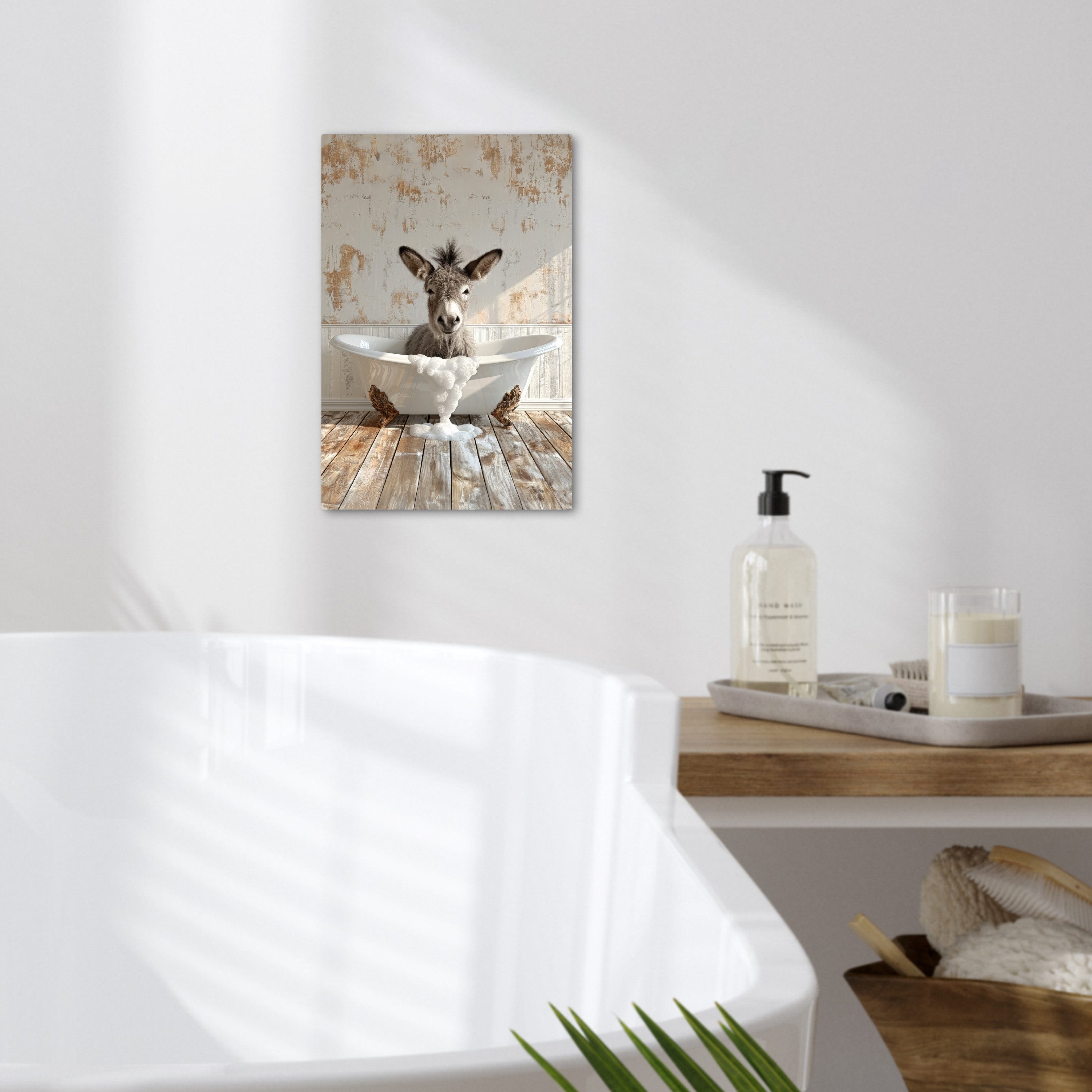 OneMillionCanvasses® Leinwandbild Esel - Tiere - Badewanne - Schaumstoff, Fotodruck (1 St), Badezimmer Deko, Bilder WC, Toilette Wanddeko 20x30 cm