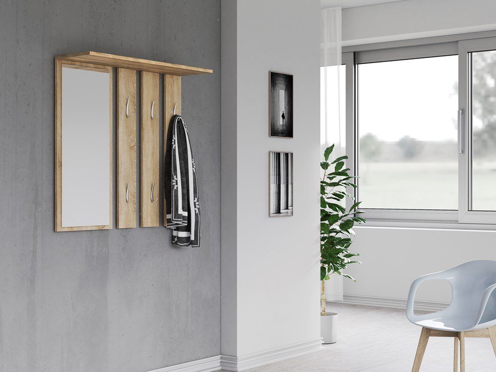 ibonto Wandgarderobe Modernes Flurmöbel-Set mit Großem Spiegel 6 Doppelhake günstig online kaufen