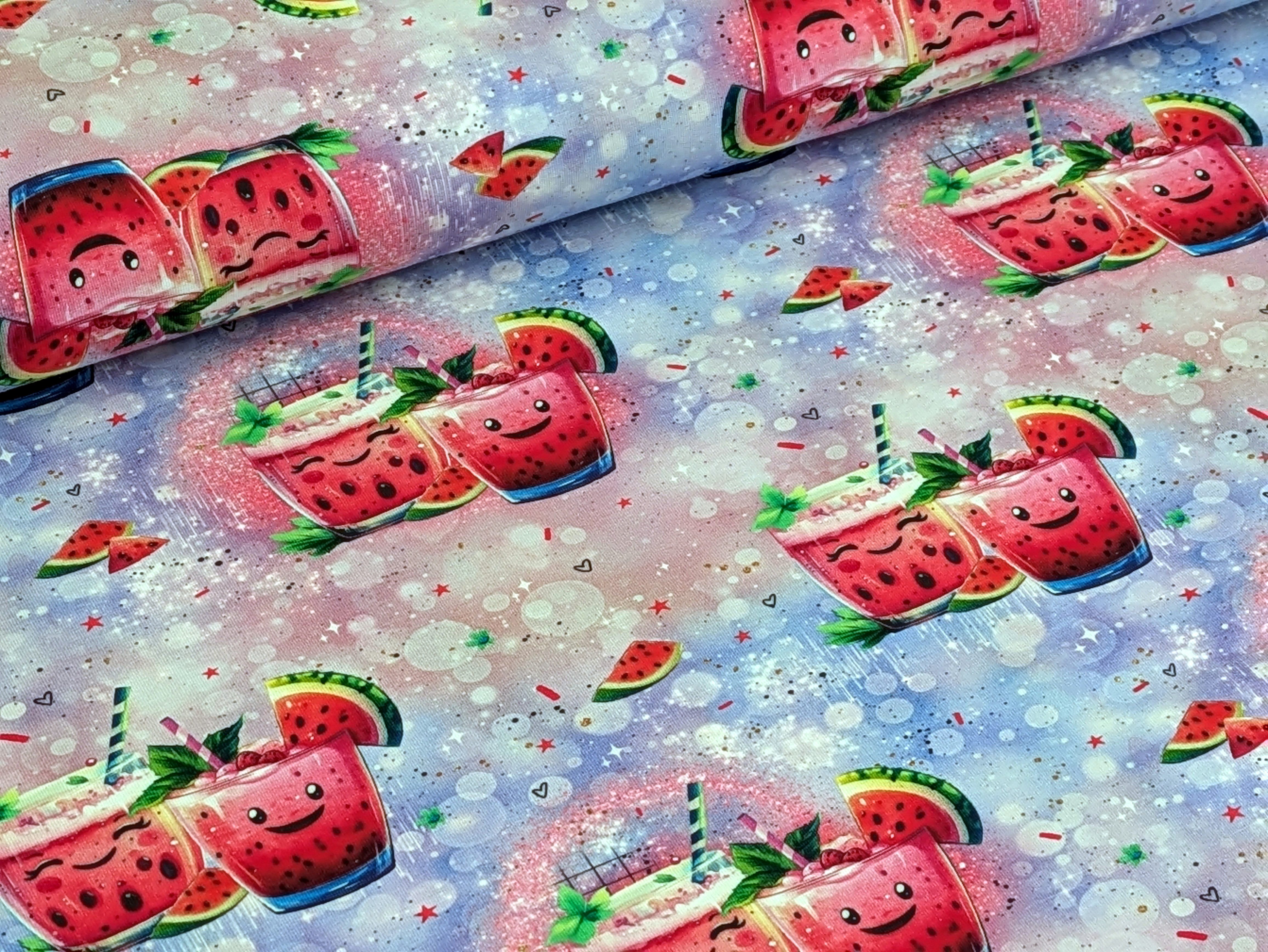 Corileo Stoff EP Bio Baumwolljersey Süßer Melonen Cocktail auf Pink/Lila Stoff