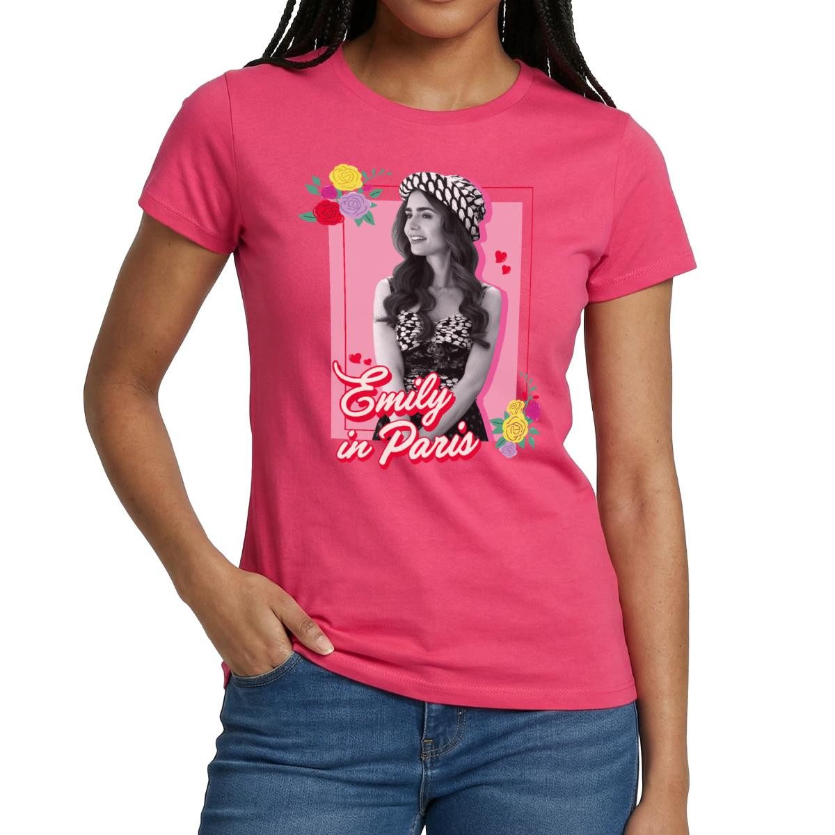 T-Shirt Emily In Paris Emily Schwarz-Weiß Bild Mit Blumen Frauen T-Shirt