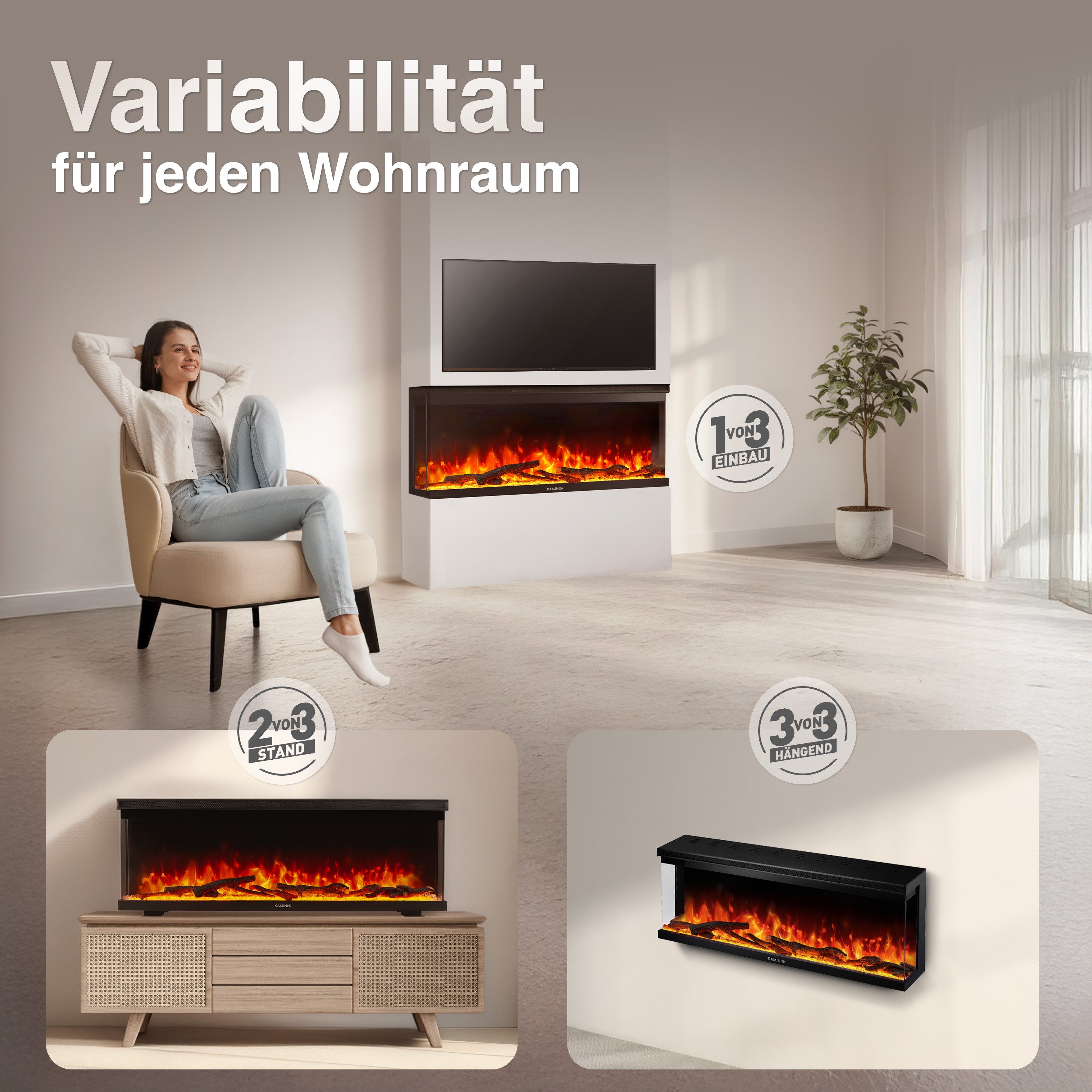 KAMINIO Elektrokamin LEA, 3in1 Kamin: Elektrischer Stand-, Wand- und Einbaukamin, Panoramaview
