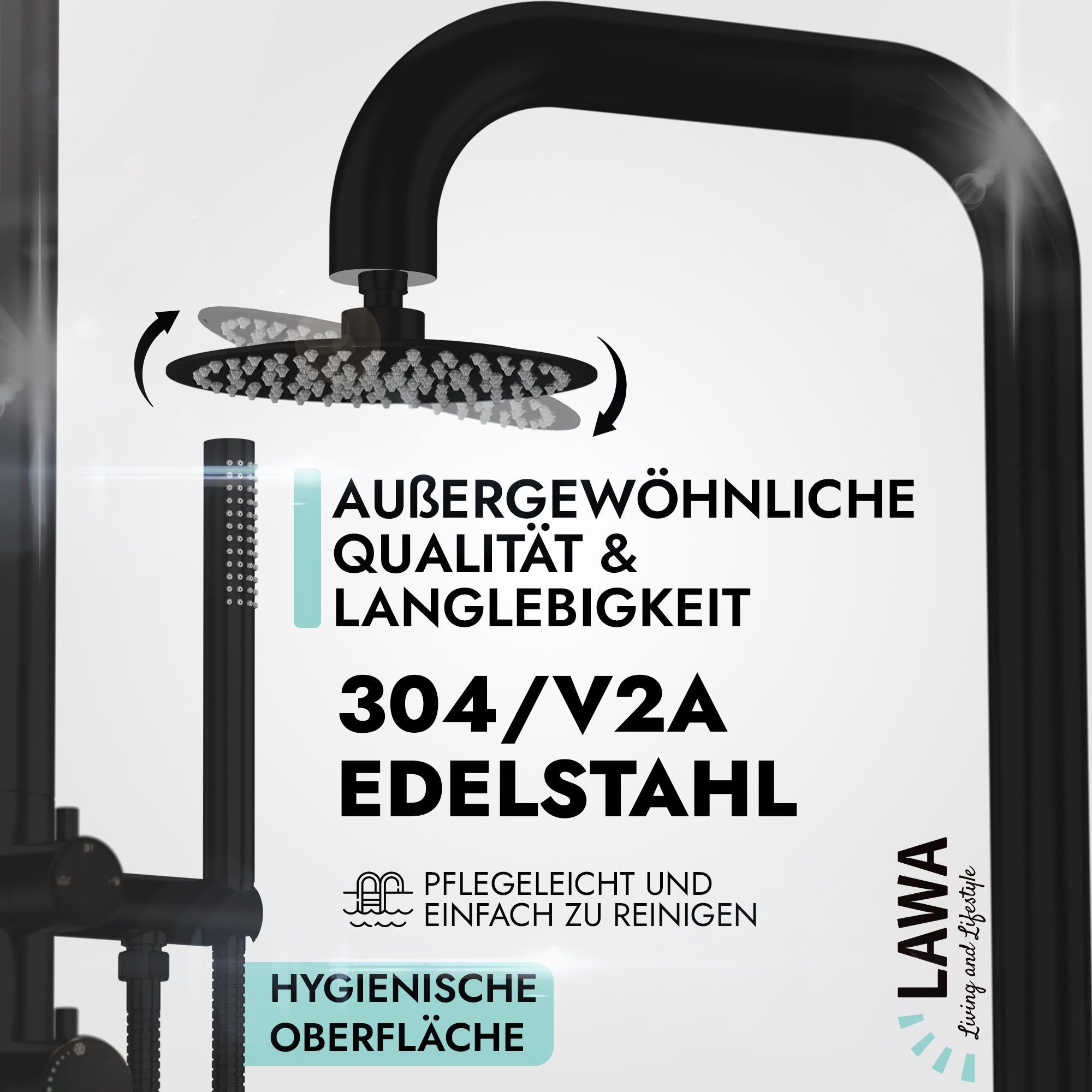 LAWA Living and Lifestyle Gartendusche V2A AISI 304 Edelstahl Pooldusche mit Handbrause Warmwasser Kaltwasser, rostbeständig, witterungsfest, restentleert = winterfest / frostsicher