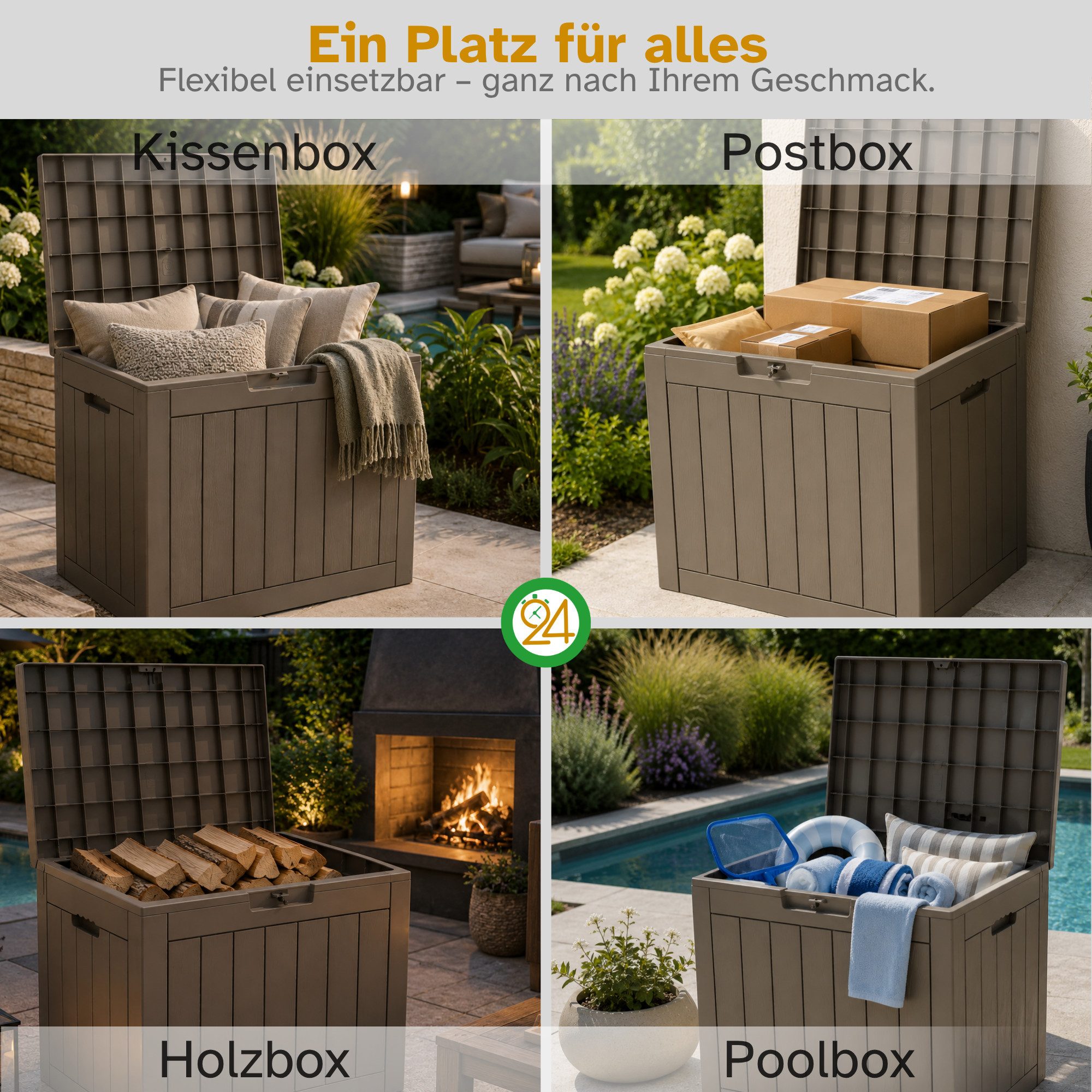ONDIS24 Gartenbox City Cube Holzoptik Kissenbox Poolbox Sitztruhe 110L, UV,- und witterungsbeständig, abschließbar