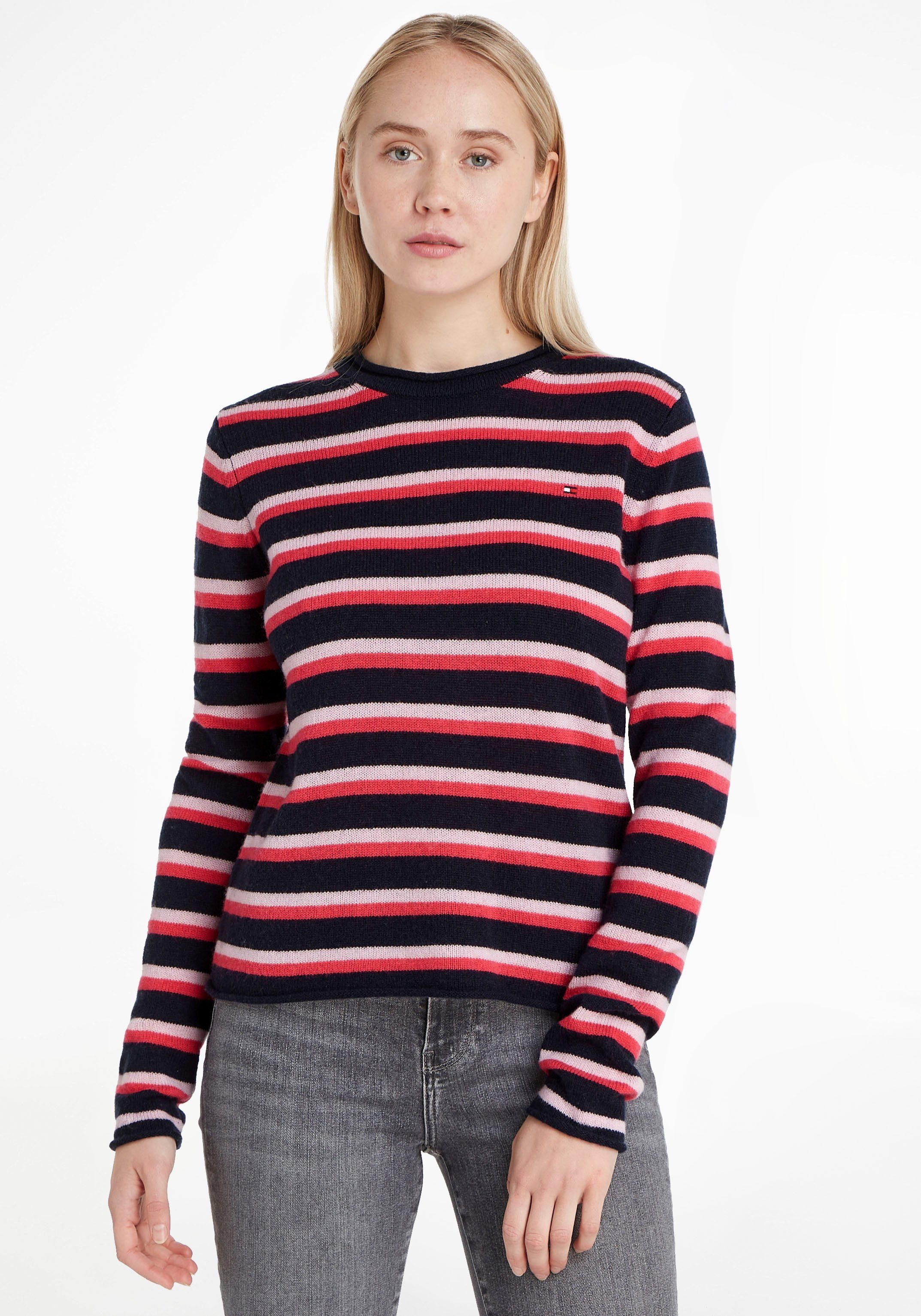 Tommy Hilfiger Strickpullover Tommy SWEATER STRIPED SOFT Markenlabel, Hilfiger C-NK gestreift WOOL mit