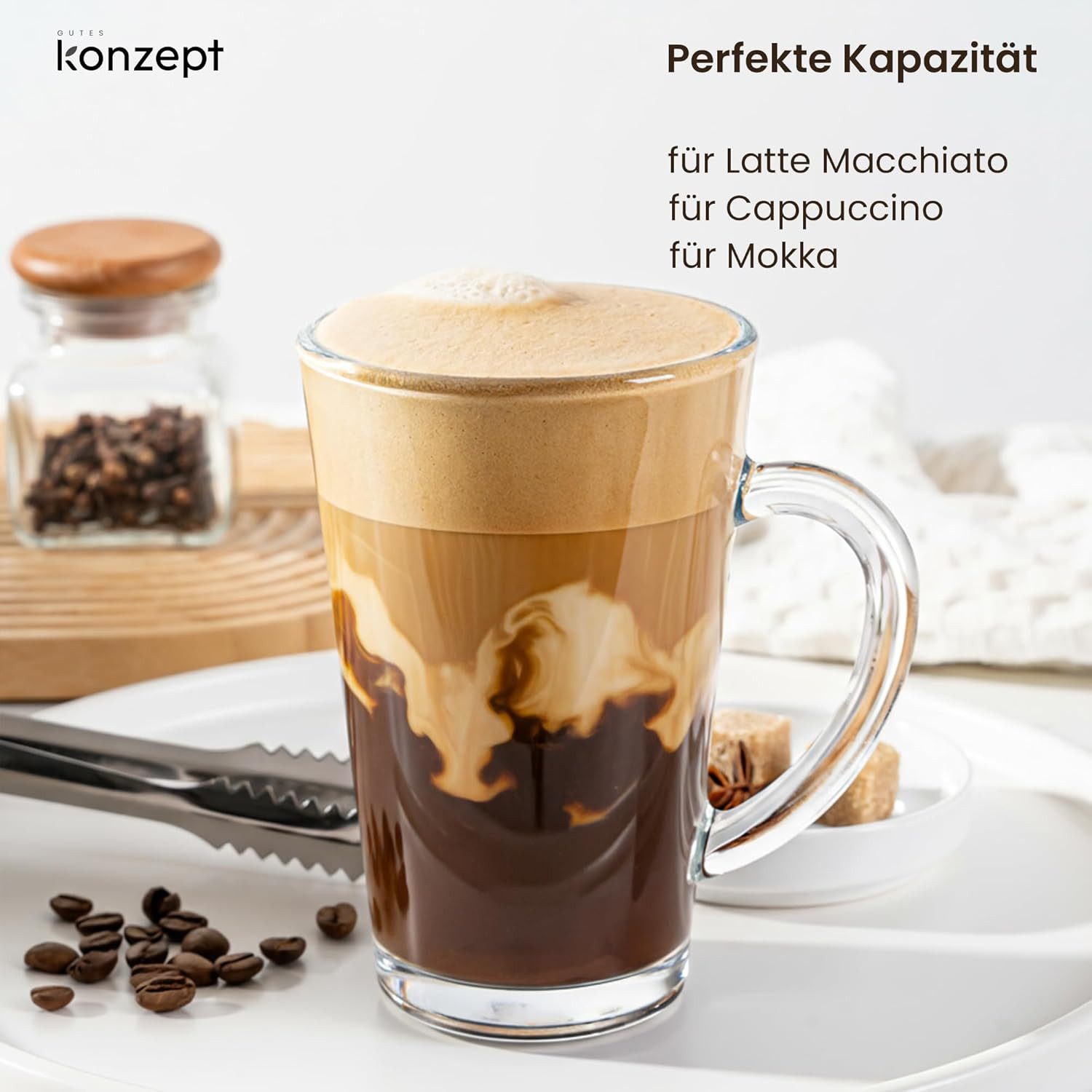 KONZEPT Gläser-Set 6-teilig Latte Macchiato – 300 ml Kaffeetassen, 6-tlg., aus Glas mit Henkel, hitzebeständig & spülmaschinengeeignet – Bild 4 von 5