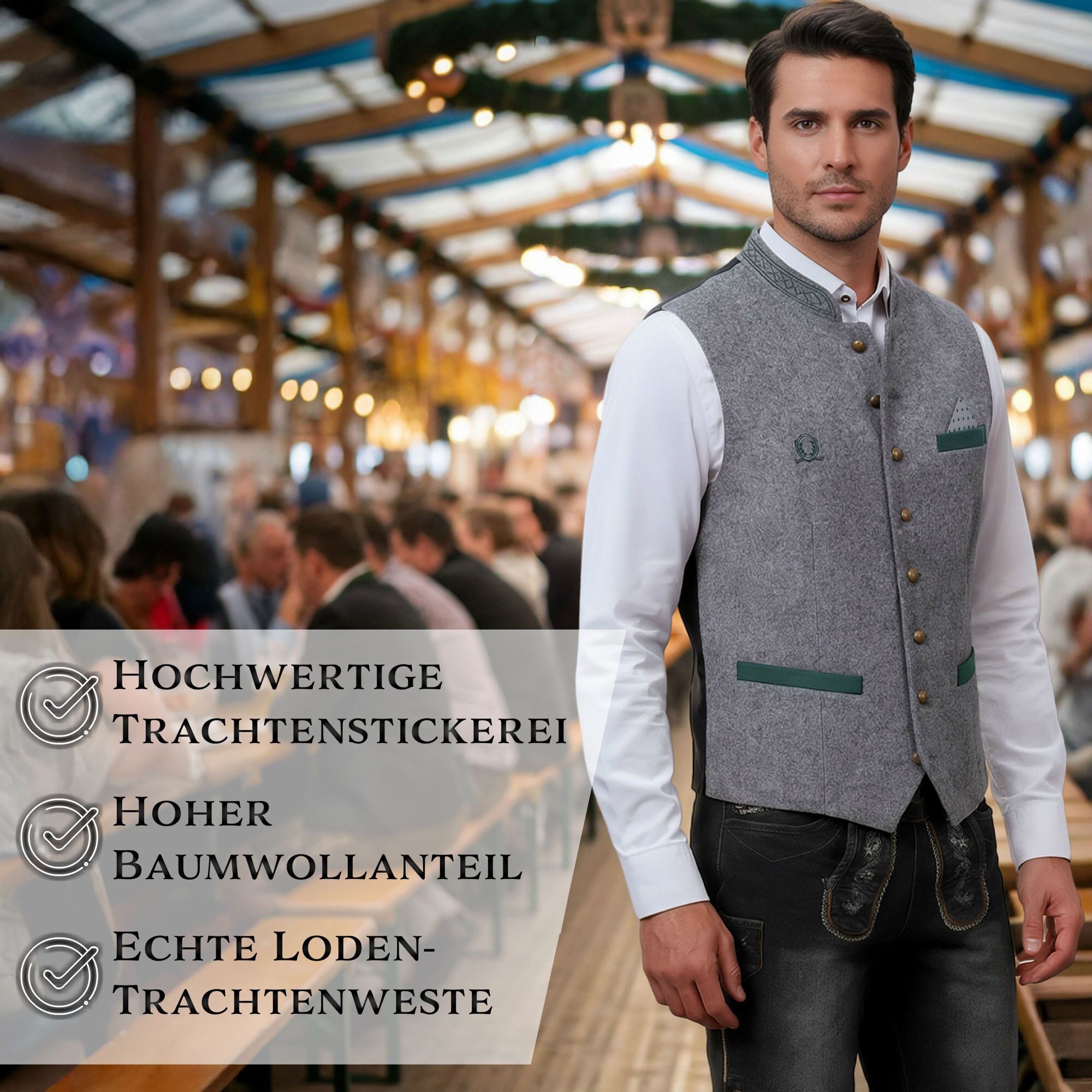 Steigenhöfer Manufaktur Trachtenweste Herren aus Baumwolle - Verstellbarer Rückenriegel - Tiefe Taschen Traditionelle Kugelknöpfe - Einstecktuch - Für ihr Oktoberfest Outfit
