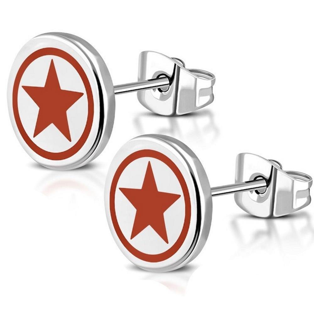 BUNGSA Ohrring-Set Ohrstecker rund mit rotem Druck verschiedene Motive Silber aus Edelsta (1 Paar (2 Stück), 2-tlg), Ohrschmuck Ohrringe roter Stern