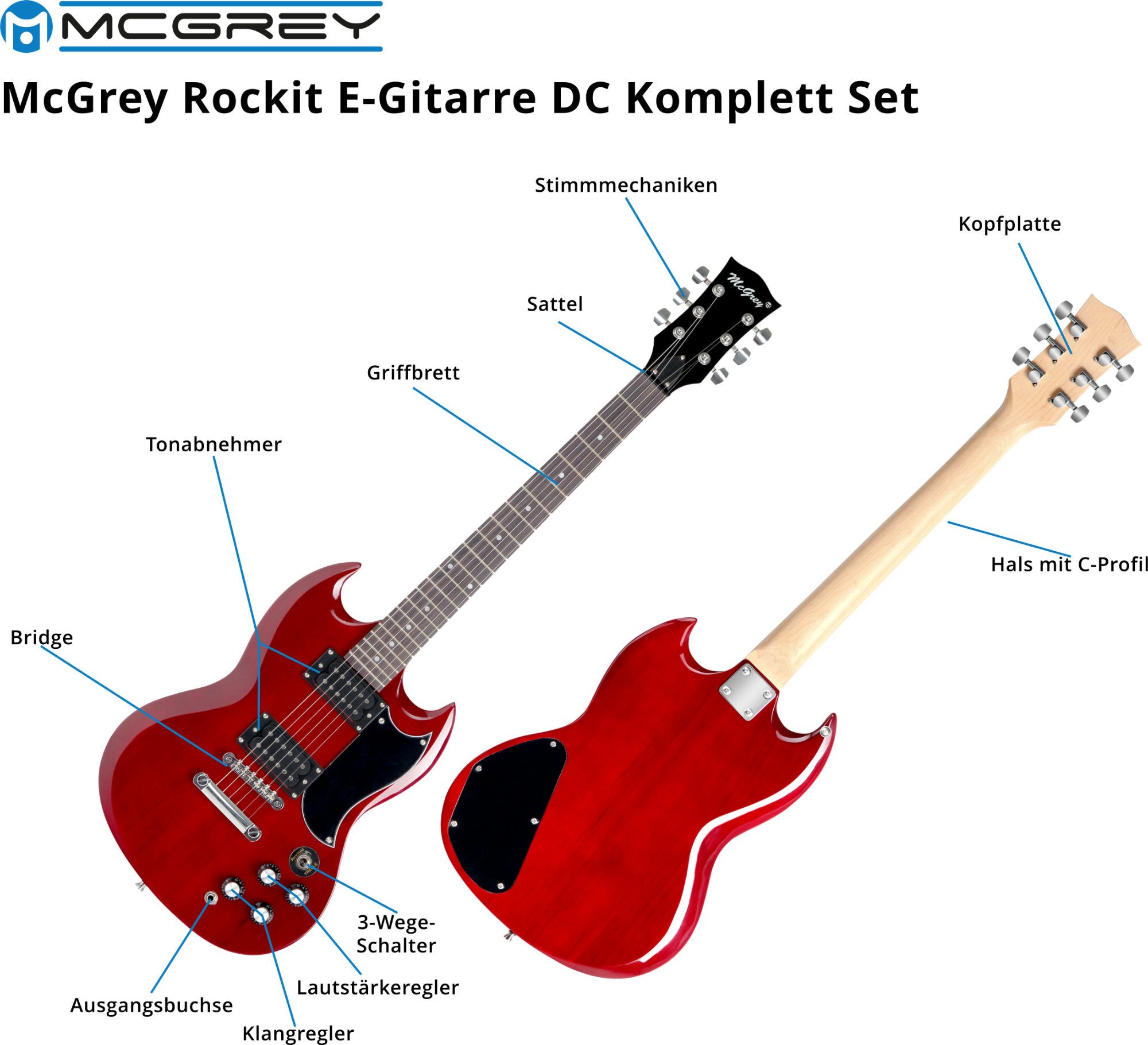 McGrey E-Gitarre McGrey Rockit E-Gitarre Double Cut-Komplettset Cherry Red, Double Cut, Komplettset 4/4, 8-St., inkl. Verstärker, Tasche, Stimmgerät, Plektren, Gurt und Kabel, 10 Watt (RMS) Gitarrenverstärker inklusive!