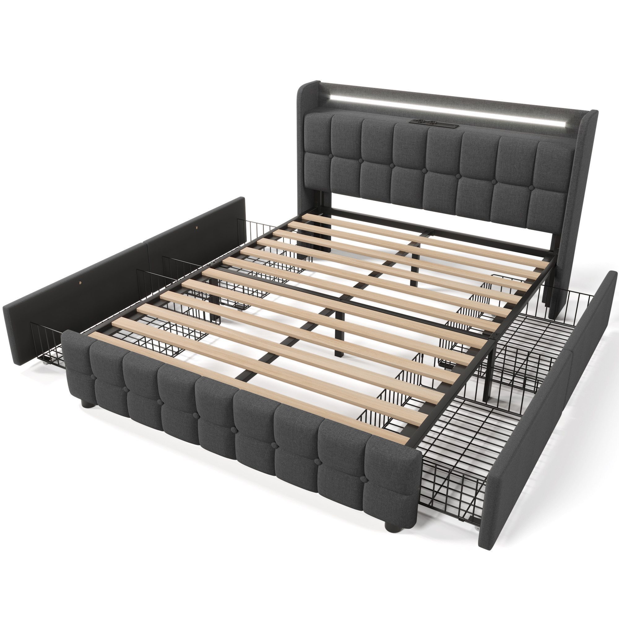Polsterbett Doppelbett mit USB Ladefunktion Kopfteil,LED-Beleuchtung,4 Schubladen