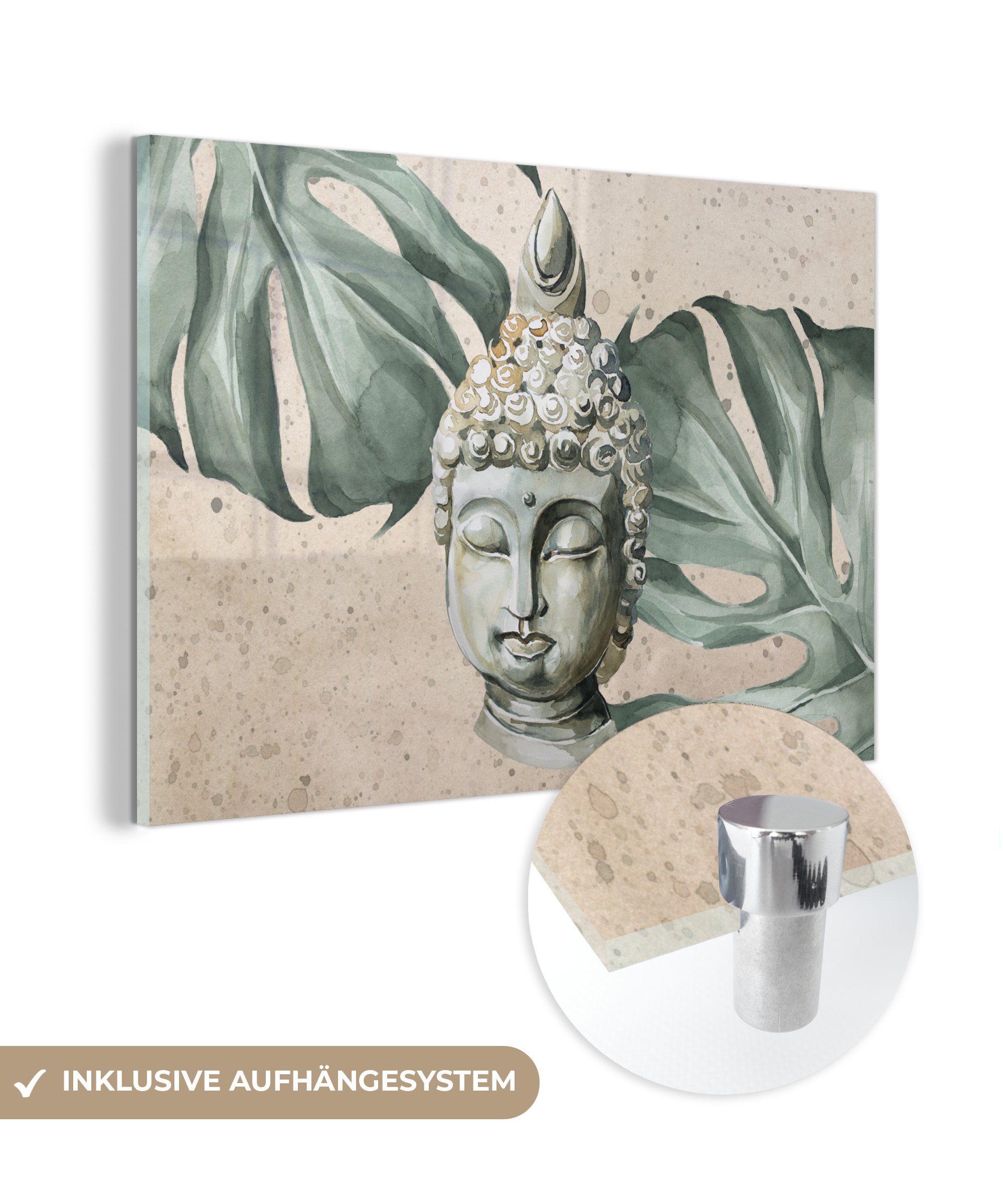 MuchoWow Acrylglasbild Buddha - Kopf - Grau, (1 St), Acrylglasbilder Wohnzimmer & Schlafzimmer